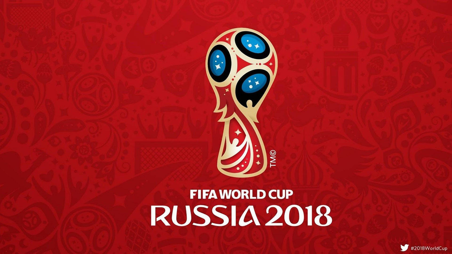 World 桌布 壁紙 — FIFA世界盃俄羅斯2018標誌在深紅色背景上以金色和藍色閃耀，並帶有精緻的裝飾圖案。