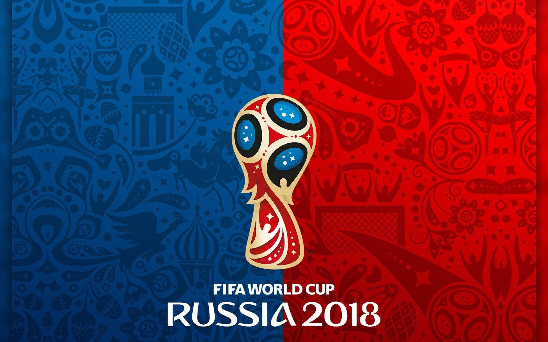 World 桌布 壁紙 — FIFA世界盃俄羅斯2018標誌居中於一個帶有華麗文化圖案的藍紅分割背景上。