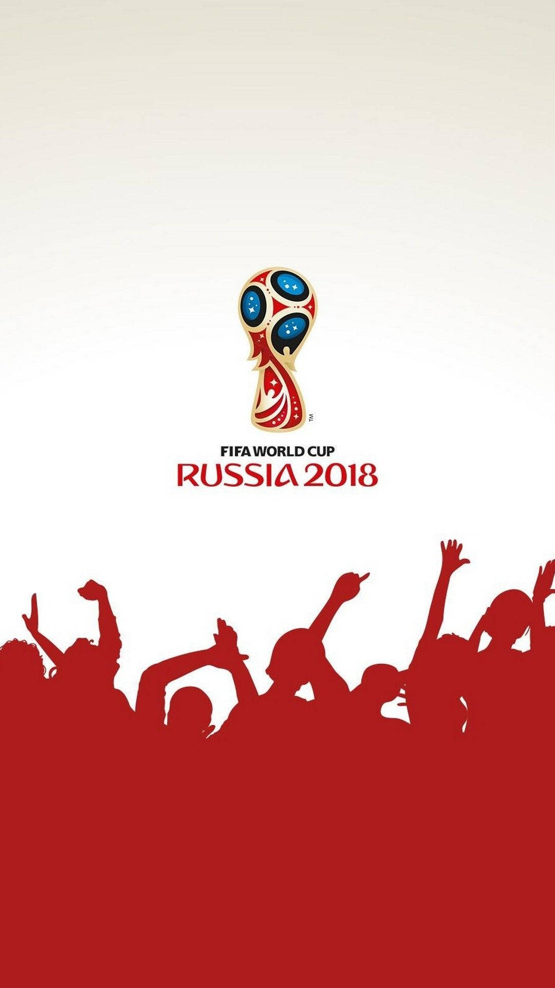 World 桌布 壁紙 — FIFA世界盃俄羅斯2018標誌漂浮在白色漸變背景上歡呼球迷的紅色剪影上方。