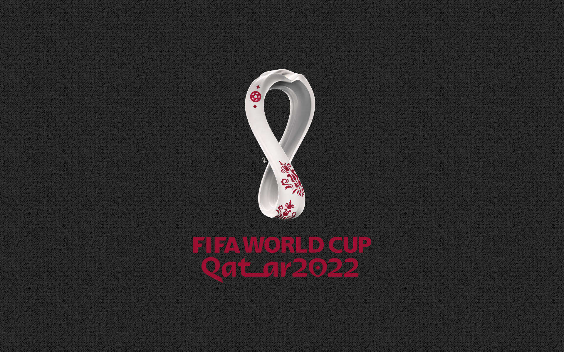 World 桌布 壁紙 — FIFA世界盃卡達2022標誌，一個白色無限符號，帶有紅色花卉圖案，背景為深色紋理。