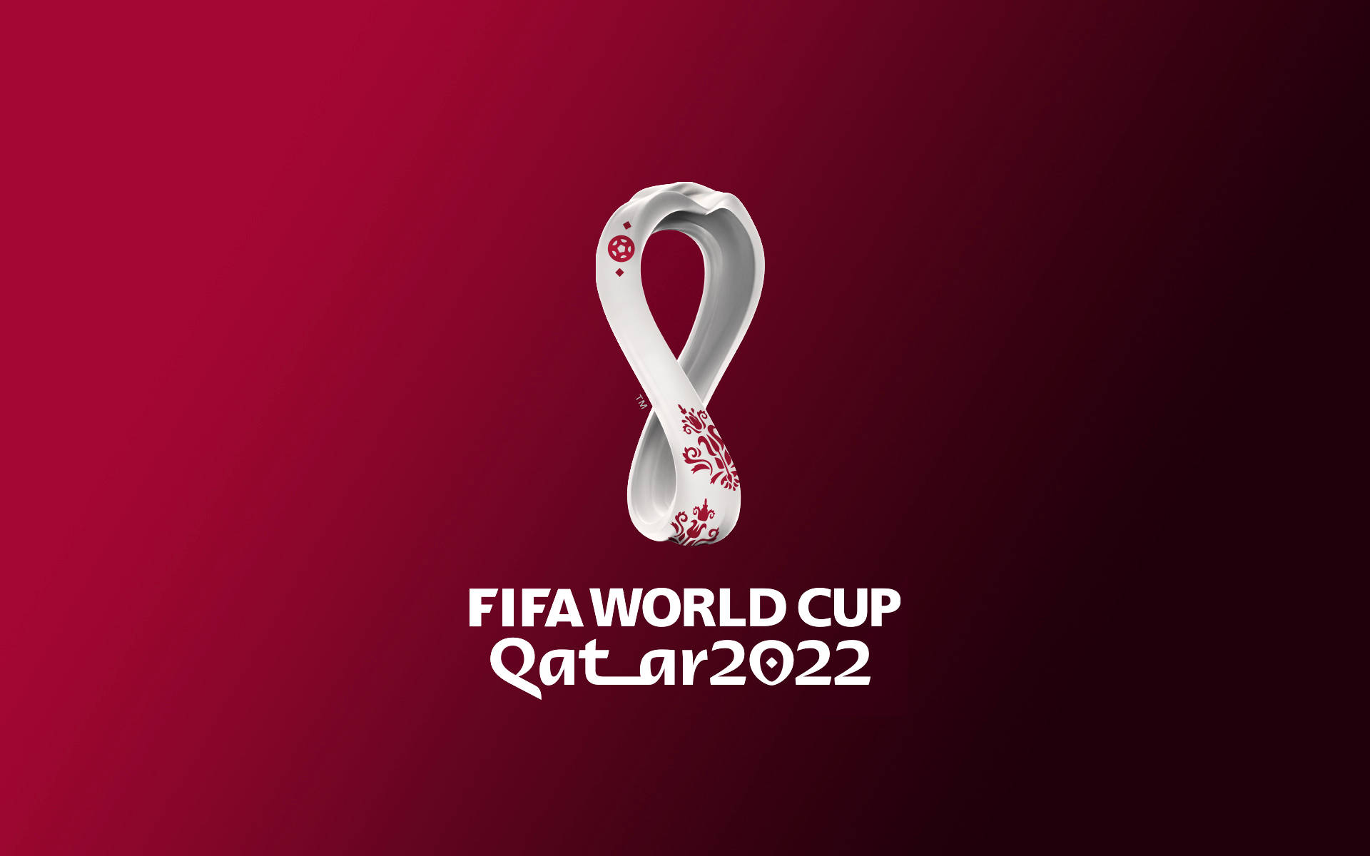 World 桌布 壁紙 — FIFA世界盃卡達2022標誌在豐富的紅色漸變背景上發出白色光芒。