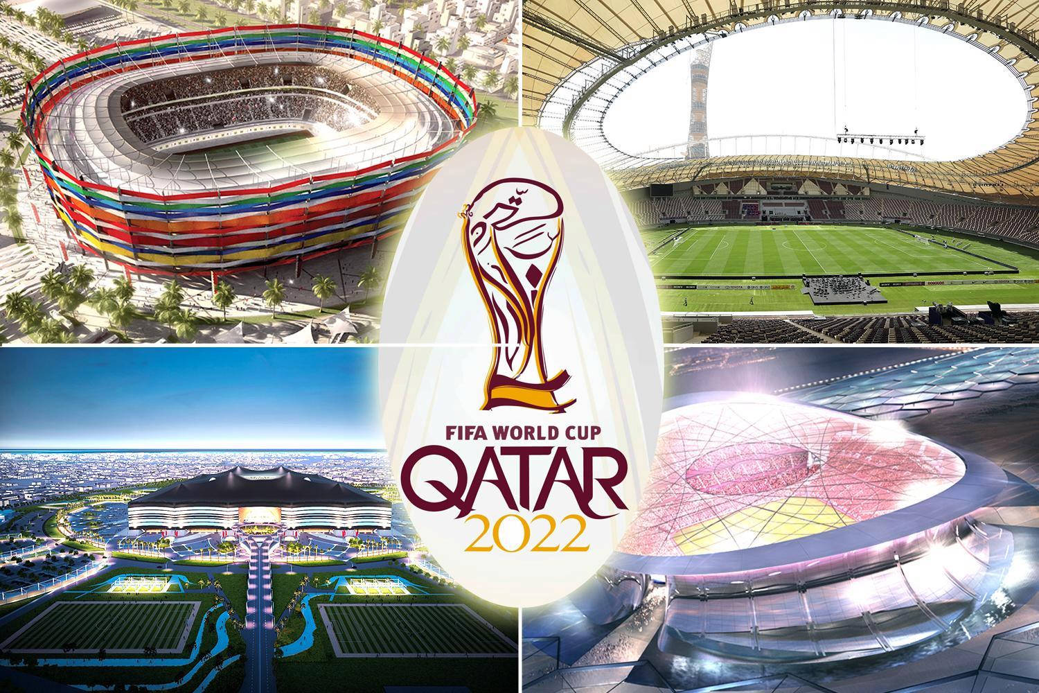 World 桌布 壁紙 — FIFA世界盃卡達2022的四個未來主義體育館的鮮豔拼貼畫，色彩繽紛的建築和茂密的綠色場地。