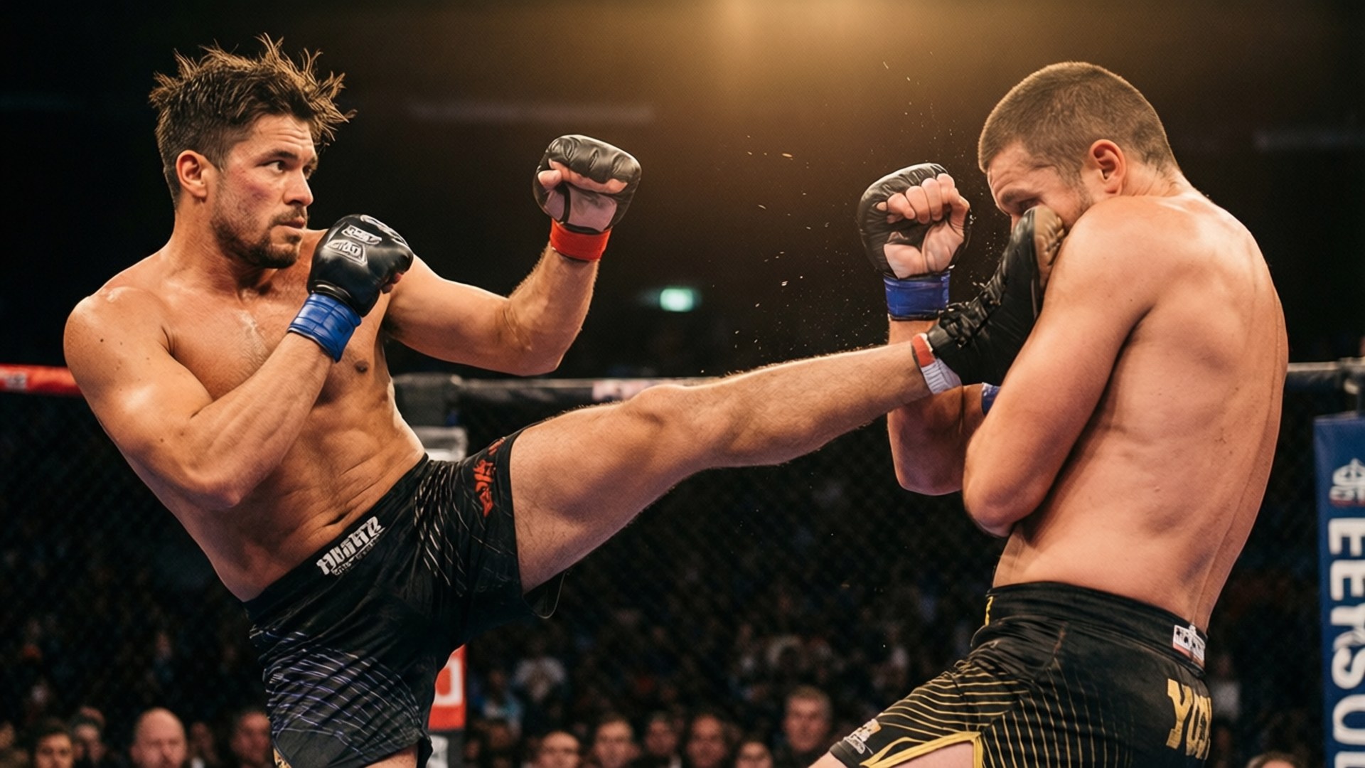 High Kick Attack 壁紙 — 一名拳手在燈光明亮的MMA鐵籠中，向對手使出一記強力的高踢，觀眾席上人聲鼎沸。