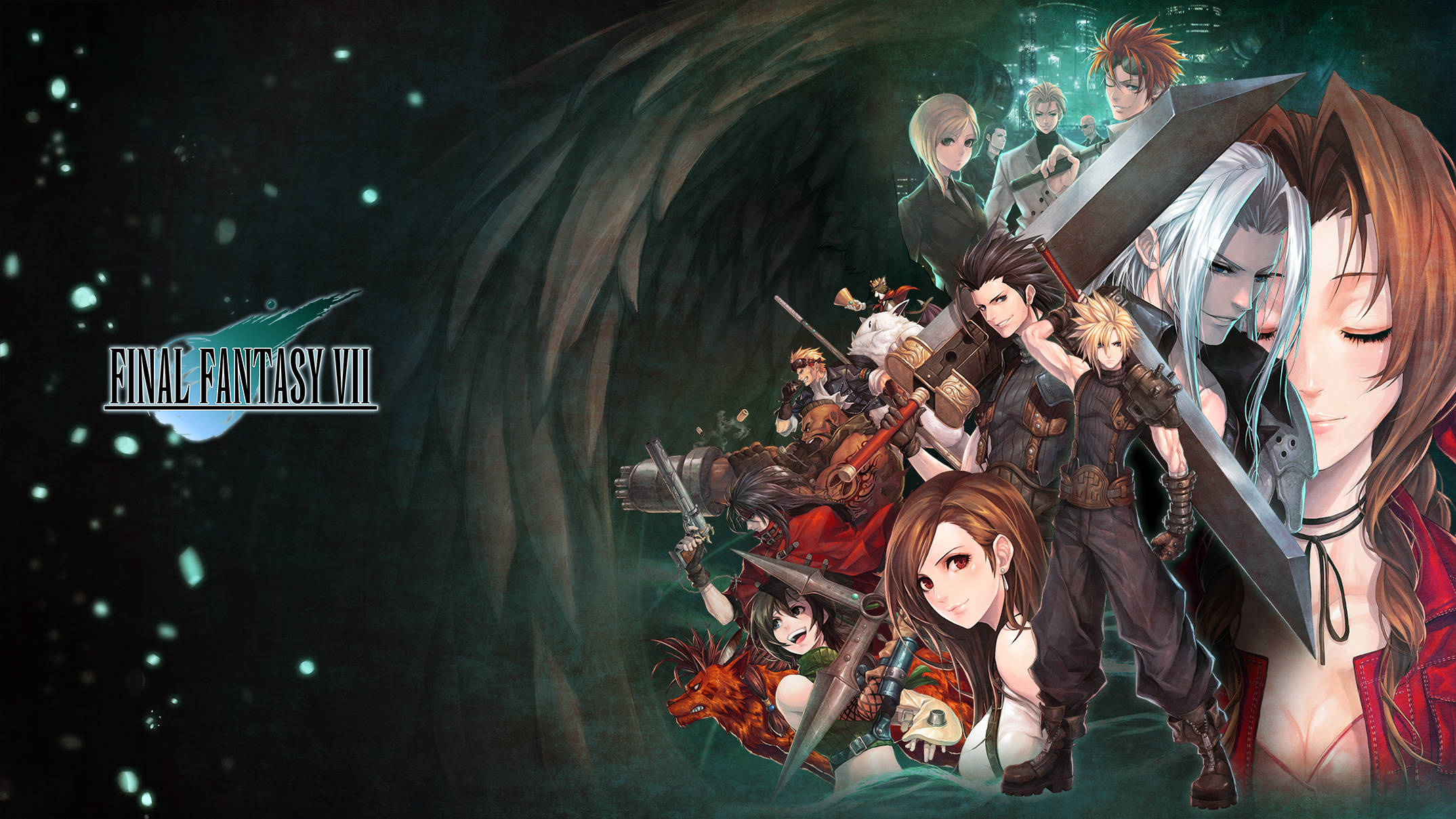 Ff7 桌布 壁紙 — Final Fantasy VII 角色英勇地站在一個黑暗的洞穴中，周圍有發光的粒子，遊戲標誌漂浮在附近。