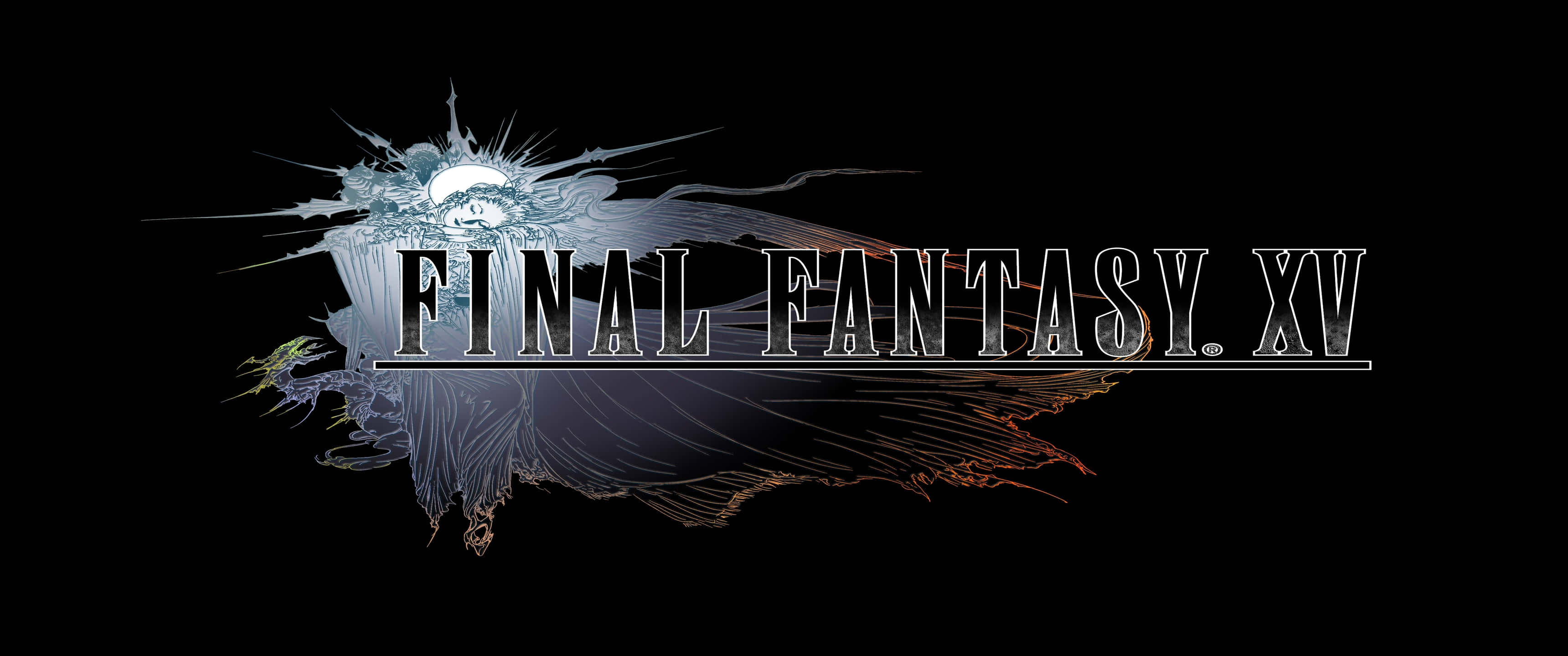 3440x1440p Final Fantasy Xv 桌布 壁紙 — Final Fantasy XV 標誌，帶有風格化的有翼生物藝術，背景為黑色。