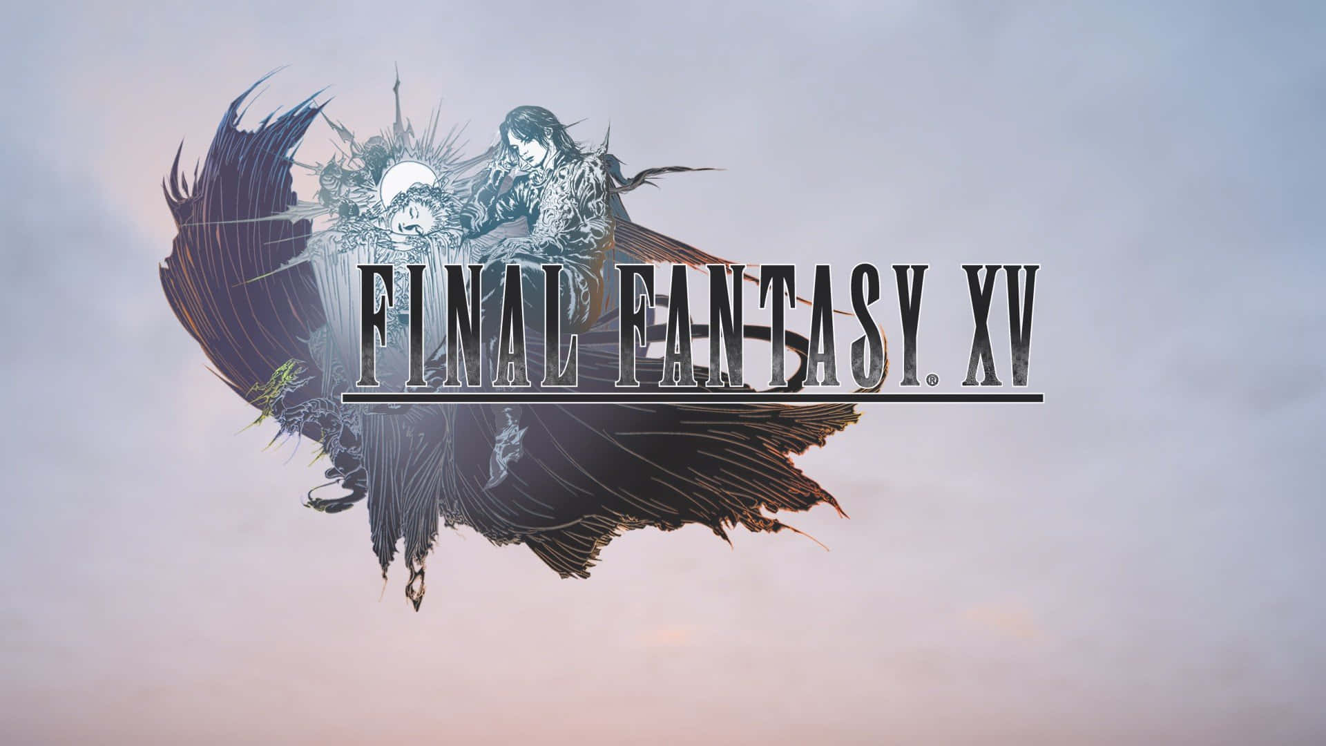 最終幻想 桌布 壁紙 — Final Fantasy XV 的風格化奇幻標誌，以柔和暮色天空為背景，帶有翼狀人物。
