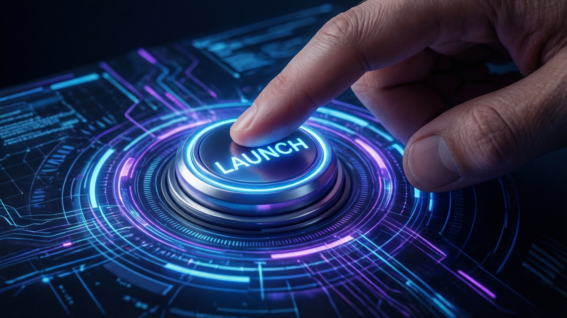 The Launch Moment 壁紙 — 手指按下一個發光藍色啟動按鈕，位於帶有霓虹電路圖案的未來全息界面上。