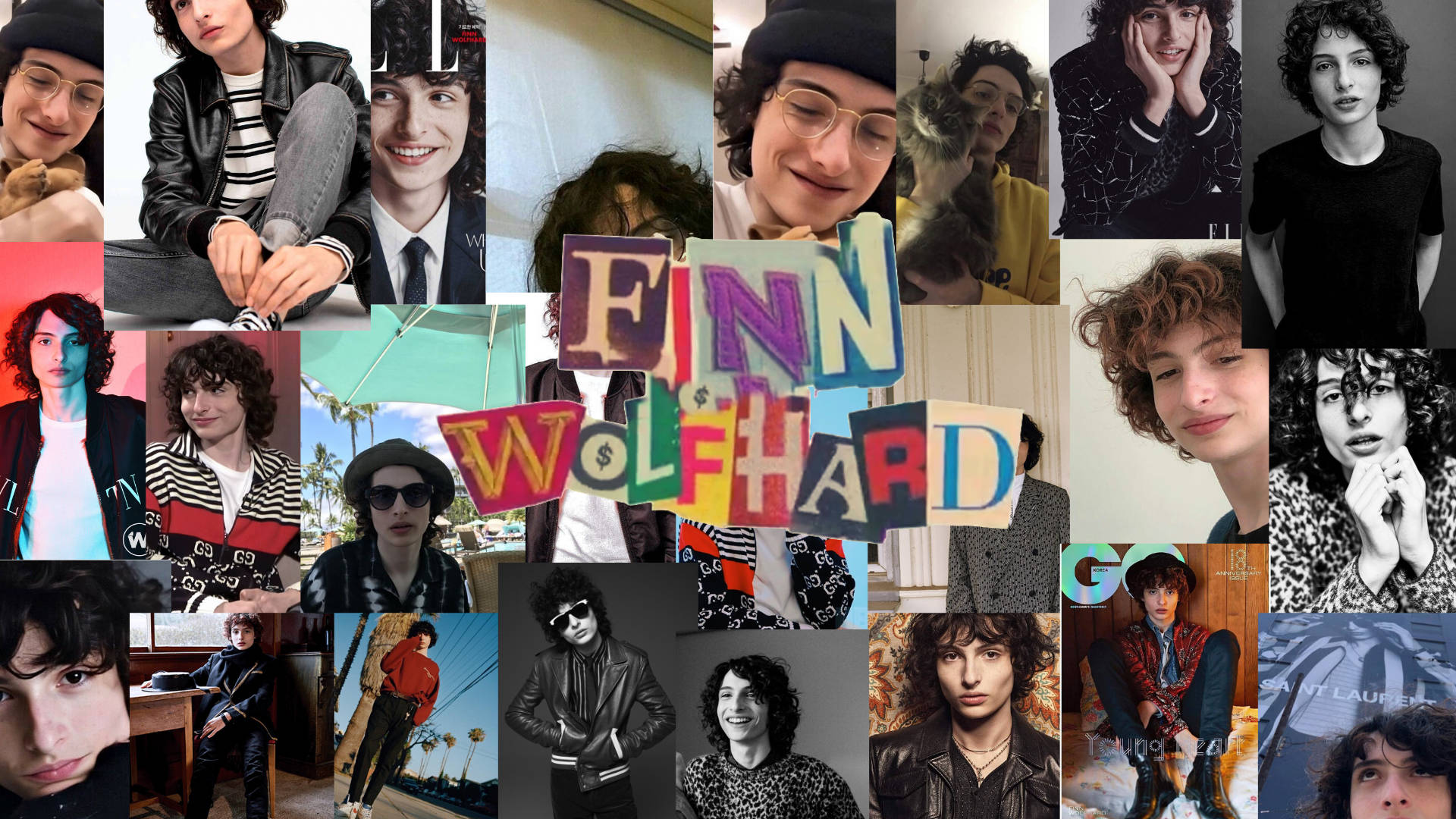 美少年動態圖 桌布 壁紙 — Finn Wolfhard 的生動拼貼，展示他不同的服裝和姿勢，用色彩繽紛的剪出字母拼出他的名字。