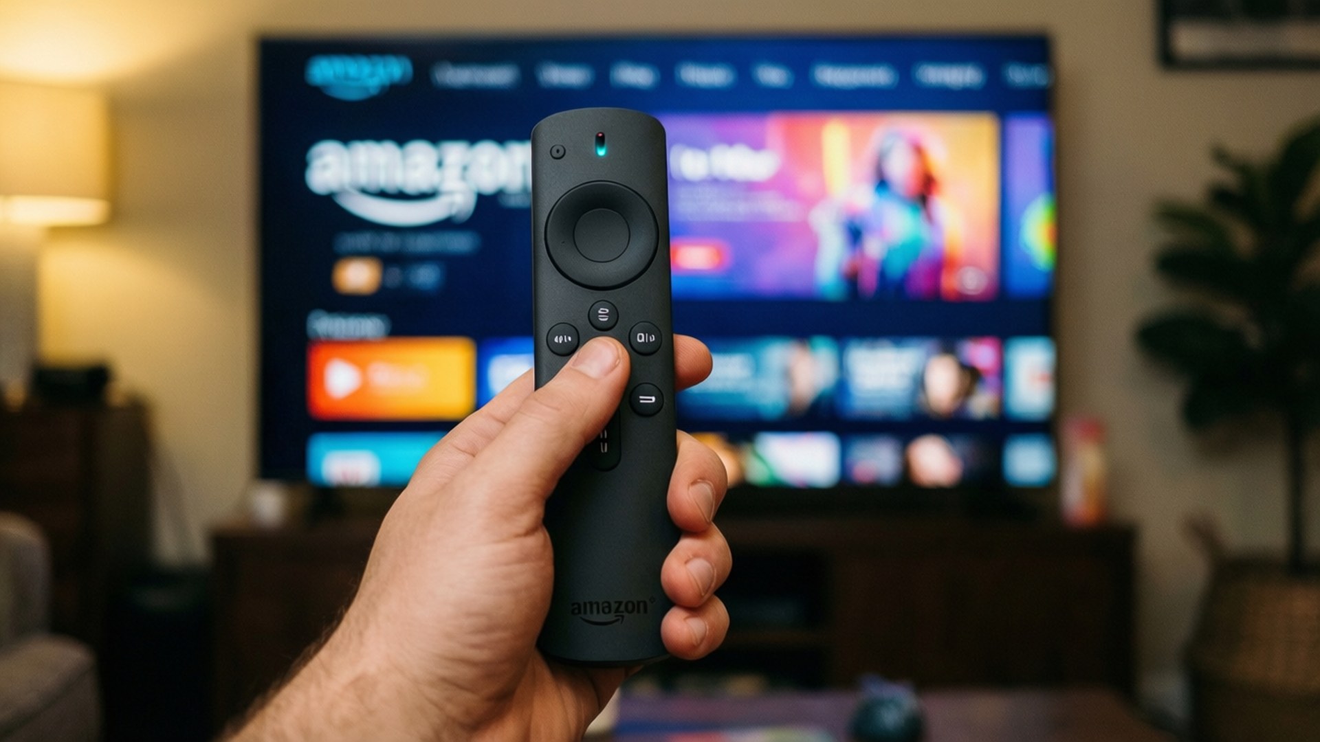 Fire TV 遙控器 壁紙 — 一隻手在舒適的客廳中，拿著Amazon Fire TV遙控器，對著顯示Amazon Prime Video介面的電視。