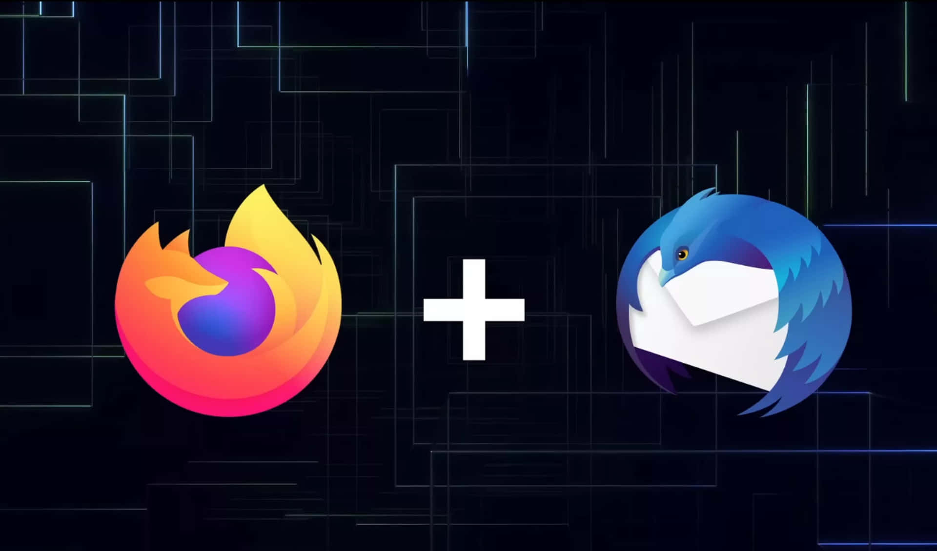  壁紙 — Firefox 和 Thunderbird 標誌以加號連接，背景為深色數位網格。
