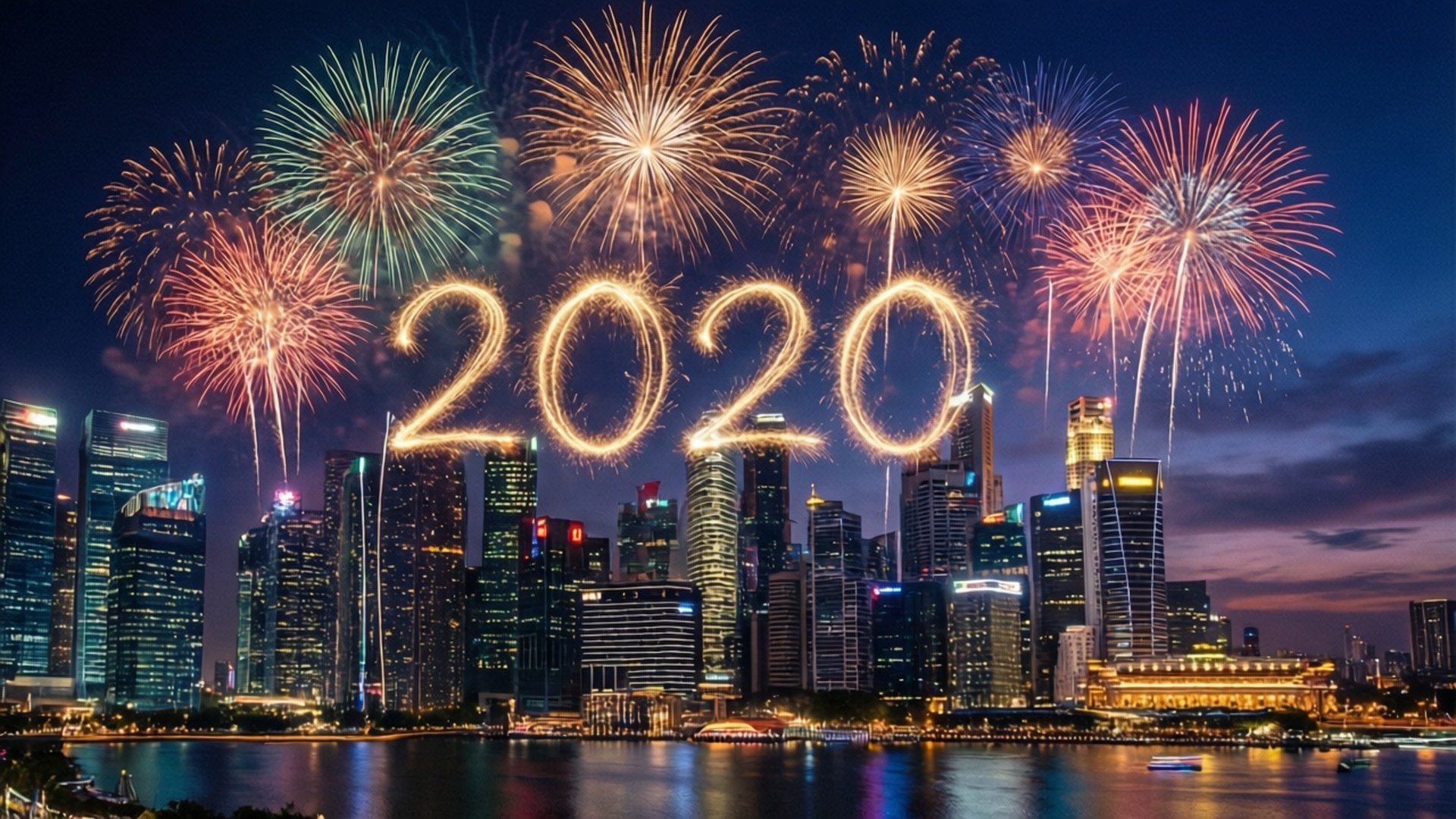 2020 Fireworks Skyline 壁紙 — 煙火在發光的城市天際線上方爆炸，'2020' 以金色光芒形成，映襯著暮色天空。