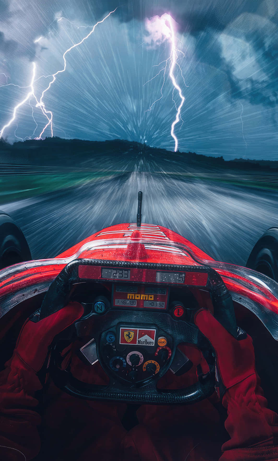  壁紙 — 從紅色賽車在暴風雨中疾馳，閃電照亮前方賽道的第一人稱視角。