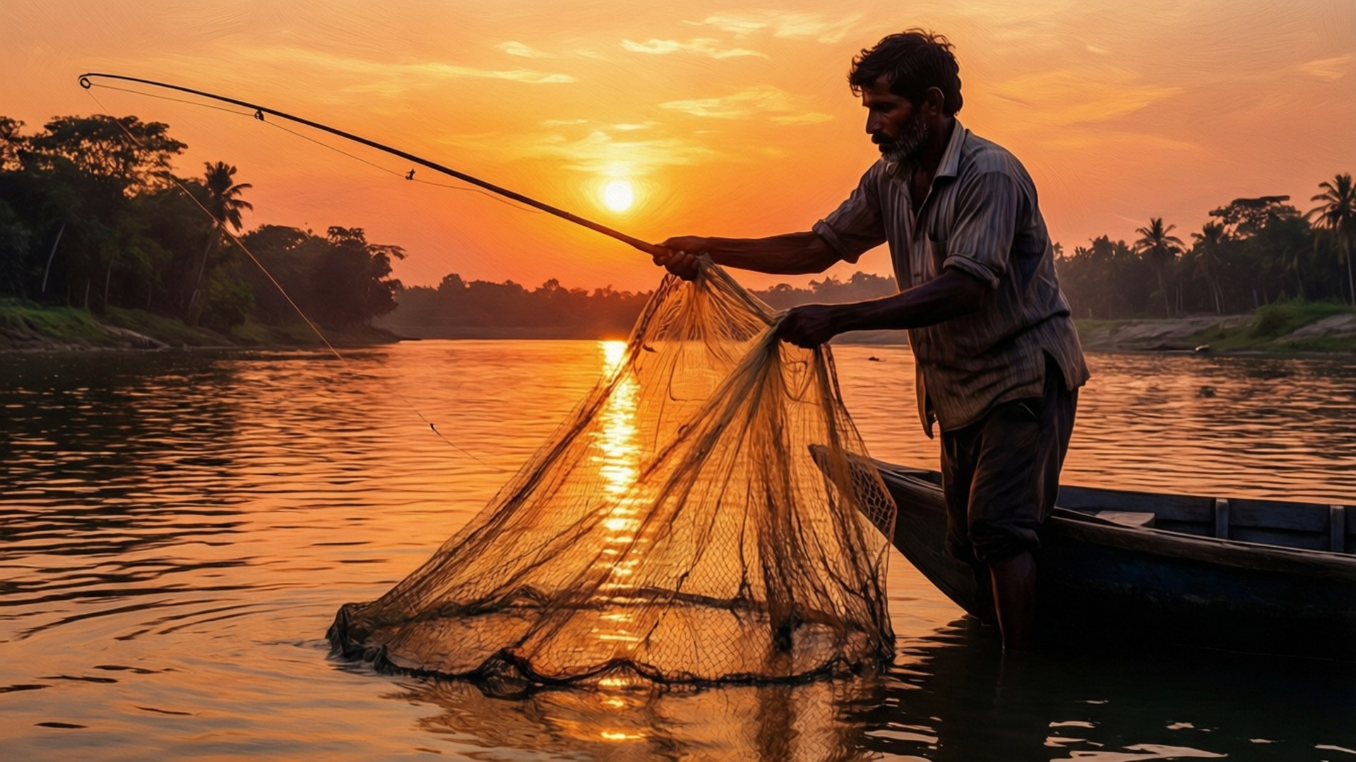 Fisherman Net Sunset 壁紙 — 漁夫從木船上撒網，夕陽在平靜的河面上反射出金色的光芒。