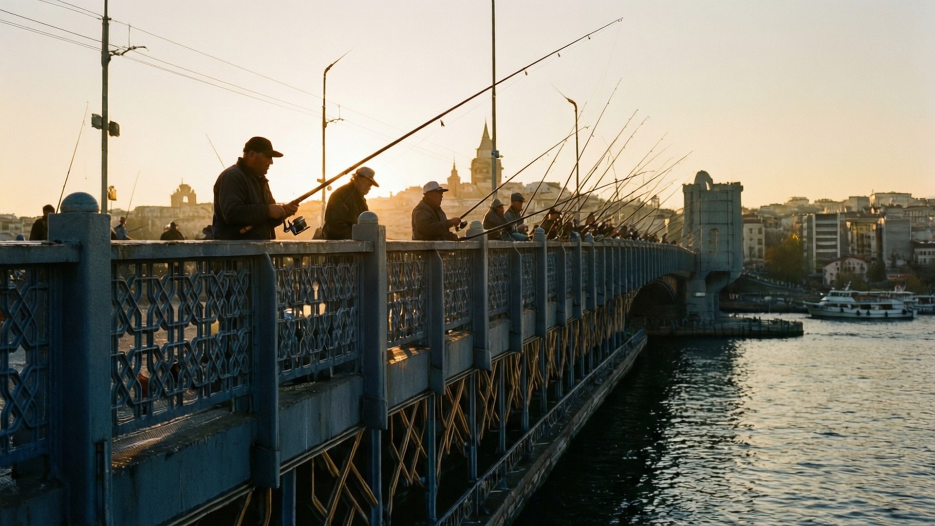 Galata Bridge Fishermen 壁紙 — 漁民在藍色橋上以剪影站立，在黃金時段將魚竿拋入平靜的水中，背景是城市天際線。