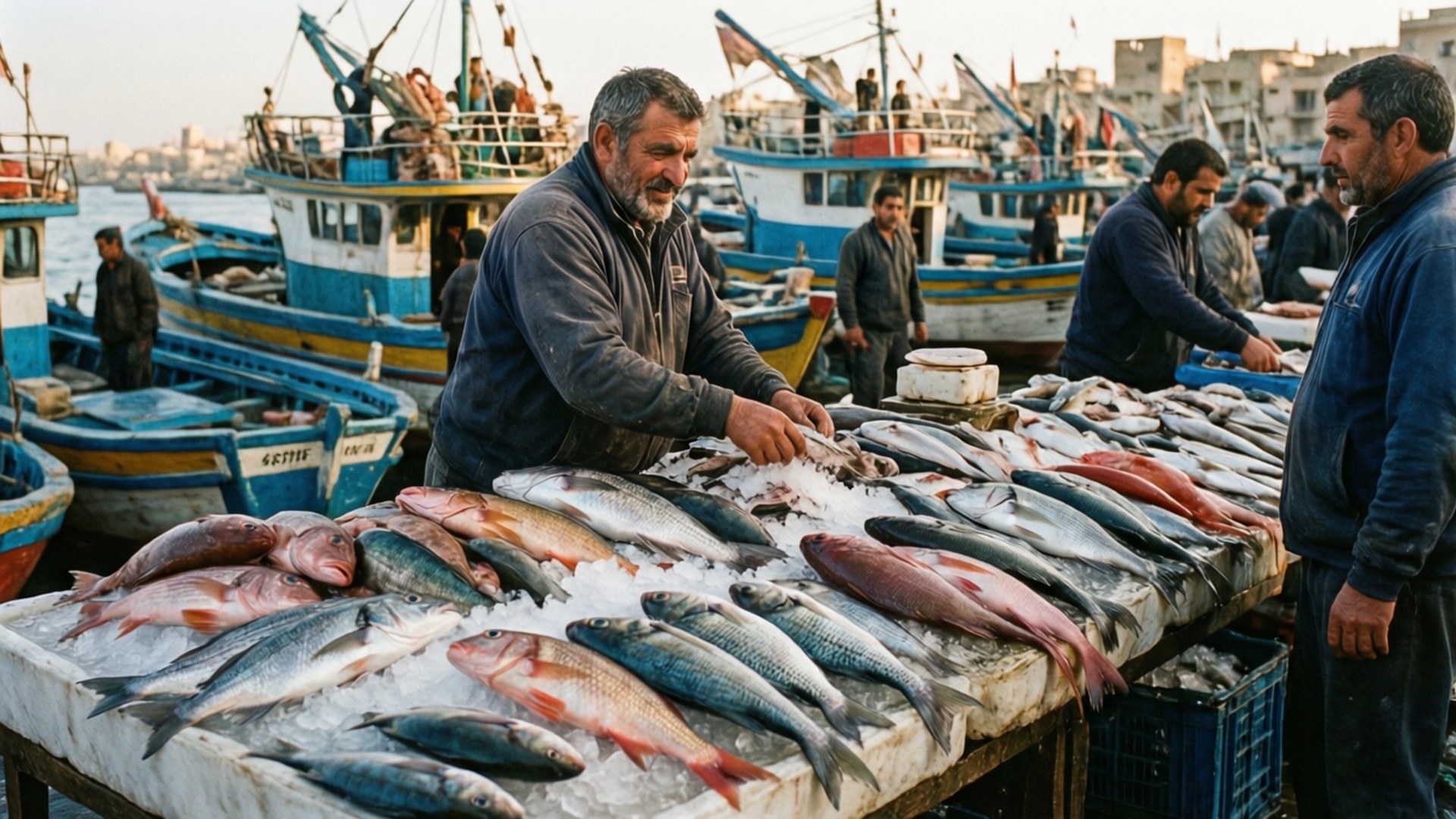 Anfushi Fish Market 壁紙 — 漁民在繁忙的港口市場，以色彩繽紛的船隻為背景，在冰上分類新鮮漁獲。