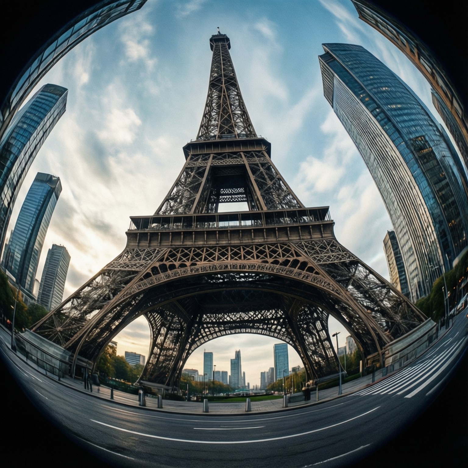 Fisheye Eiffel 壁紙 — 從艾菲爾鐵塔下方以魚眼鏡頭觀看，顯示其複雜的鐵結構在陰天天空下聳立於現代玻璃摩天大樓之上。