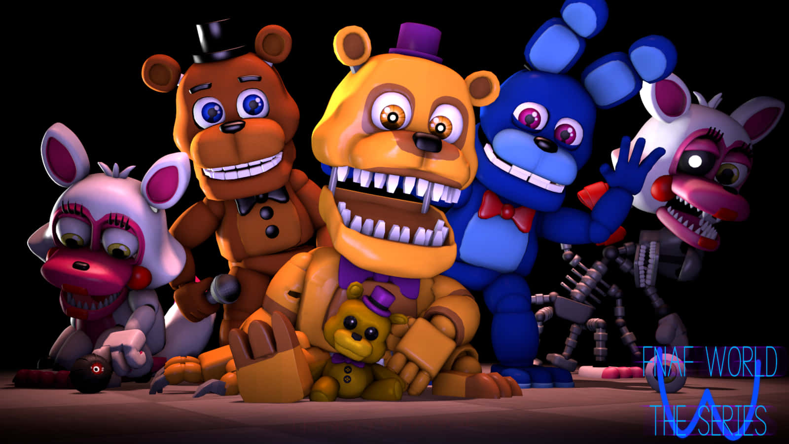 桌布 壁紙 — Five Nights at Freddy's 中的五個電子動畫角色在黑色背景前一起擺姿勢，眼睛發光，牙齒鋒利。