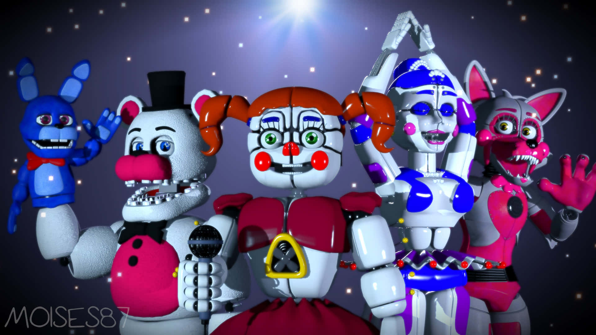 佛萊迪餐館之五夜驚魂 桌布 壁紙 — Five Nights at Freddy's 的五個電子動畫角色在星光聚光燈下擺姿勢，眼睛發光，具有機械特徵。