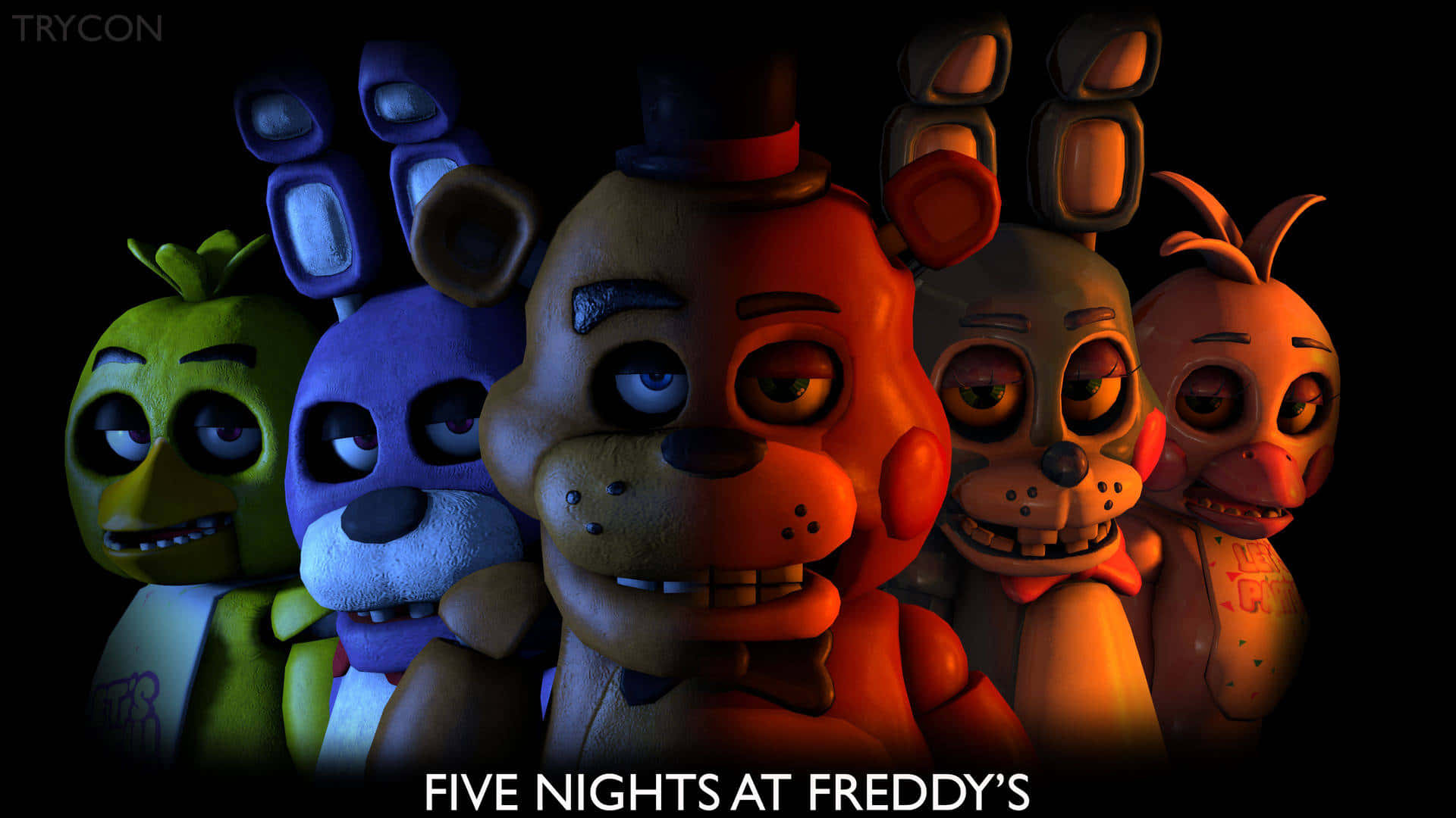 Cute Fnaf 桌布 壁紙 — Five Nights at Freddy's 的五個電子動畫角色在黑色背景上，於詭異的聚光燈下排成威脅性的一行。