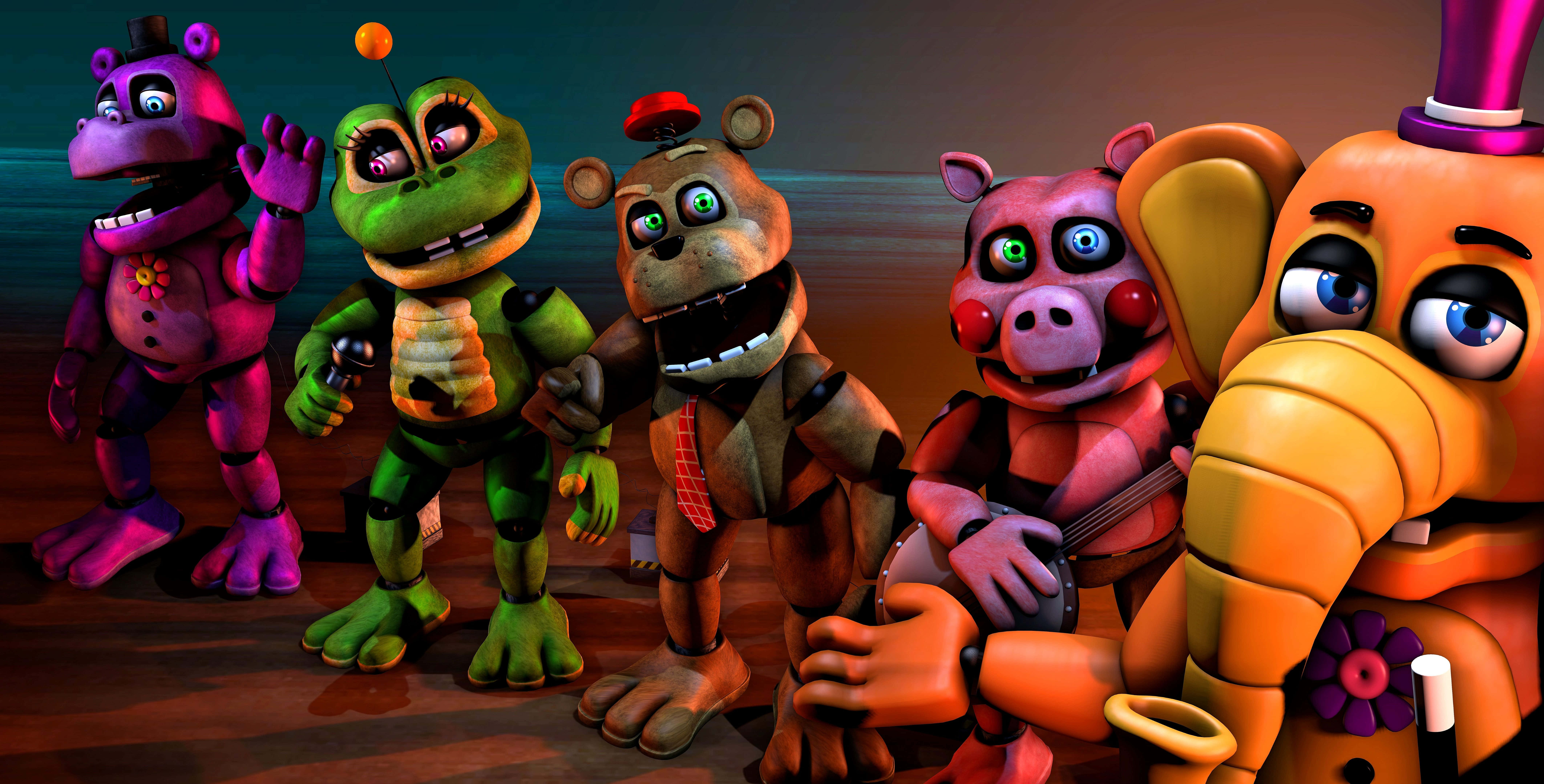 Animatronics 桌布 壁紙 — Five Nights at Freddy's 的五個電子動畫角色一起站在燈光昏暗、色彩繽紛的舞台上。
