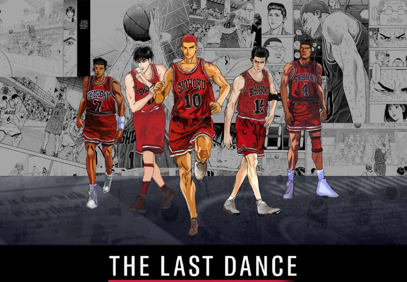 動漫籃球隊湘北身穿紅色制服，背後有漫畫面板，向前行走。 — NBA 壁紙