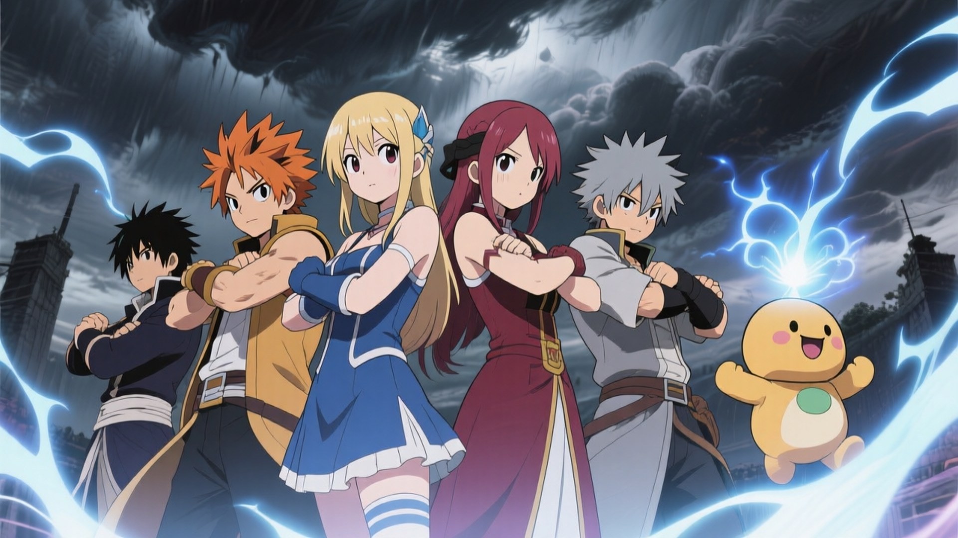 Fairy Tail United 壁紙 — 五個動漫角色和一個黃色生物挑釁地站在暴風雨的天空下，電藍色能量在他們周圍旋轉。