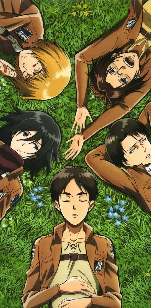 壁紙 — 五個穿著棕色制服的動漫角色放鬆地躺在點綴著細小藍色和黃色花朵的鮮綠色草地上。