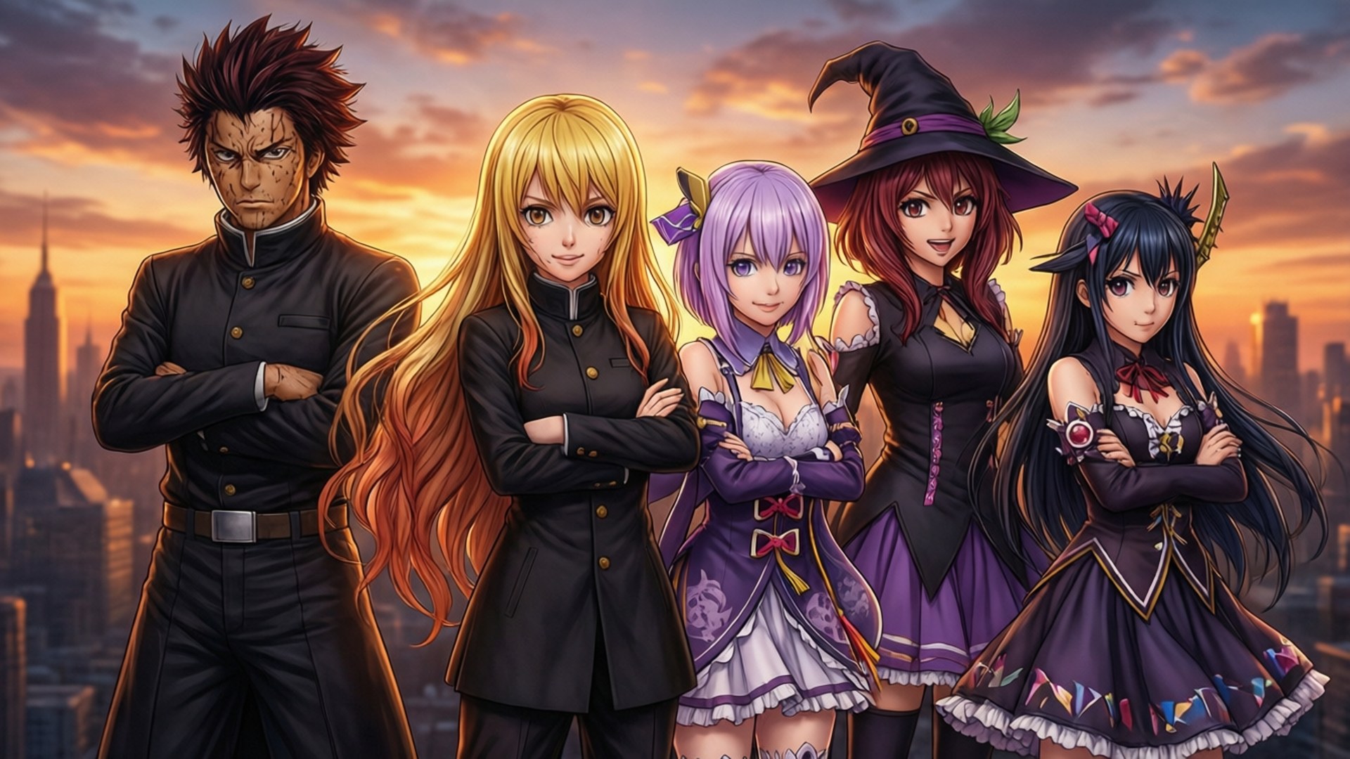 Crew of Edens Zero 壁紙 — 五個動漫角色穿著學校和女巫服裝，自信地站在夕陽城市天際線前。