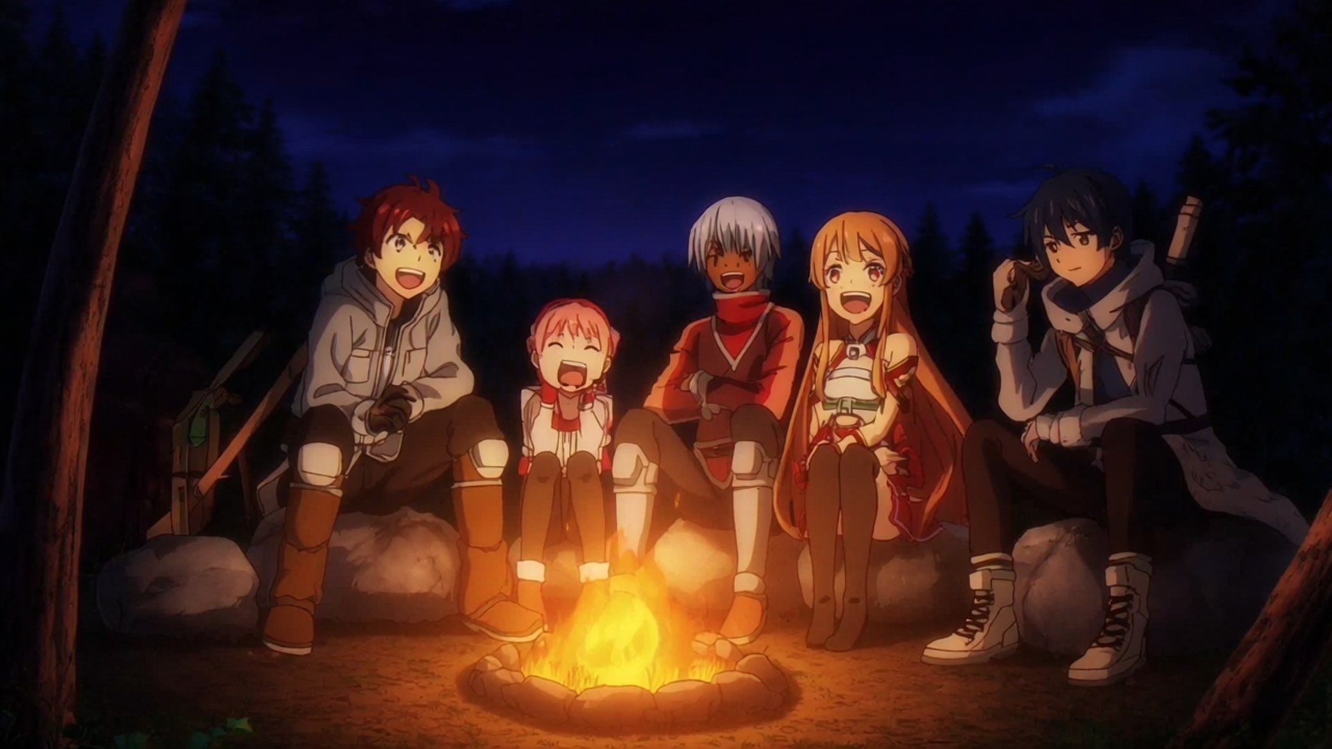 Friends by the Fire 壁紙 — 五個動漫角色在夜晚的黑暗森林中圍坐在發光的營火旁，笑著聊天。