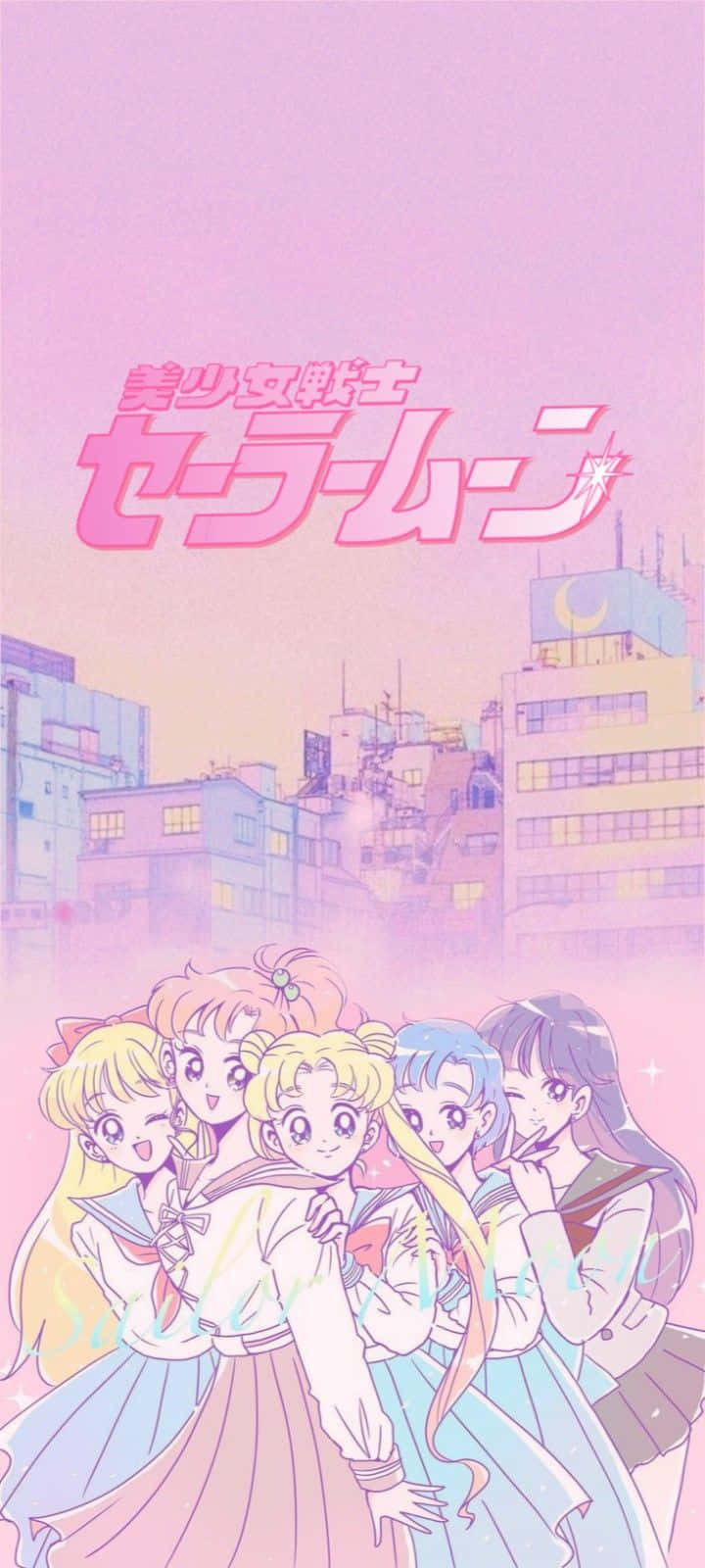  壁紙 — 五個穿著水手服的動畫女孩一起站在粉彩粉紅色的城市景觀中，在柔和的暮色天空下。