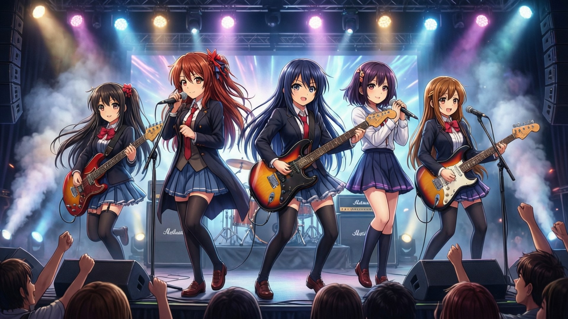 K-ON！輕音部 桌布 壁紙 — 五個穿著校服的動漫女孩在燈光閃耀的舞台上表演搖滾音樂，伴隨著歡呼的人群和煙霧效果。