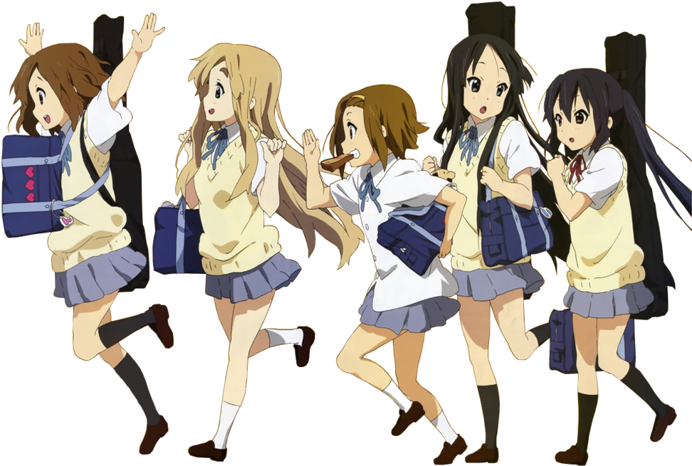 五個動畫女學生背著背包，帶著興奮的表情奔跑。 — 京都 壁紙