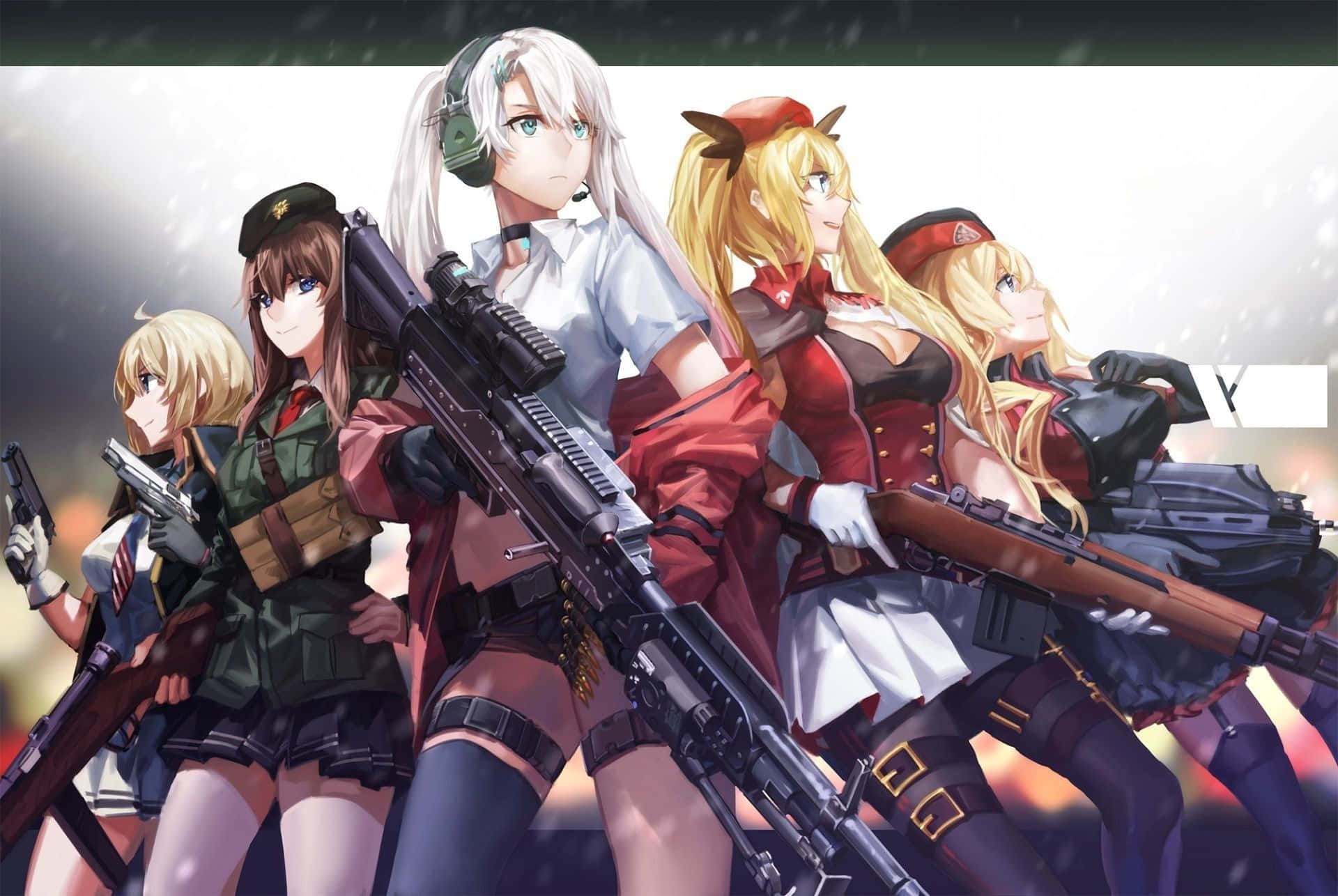  壁紙 — 五位動漫風格的女兵穿著不同的制服，在明亮的發光背景下持步槍準備就緒。