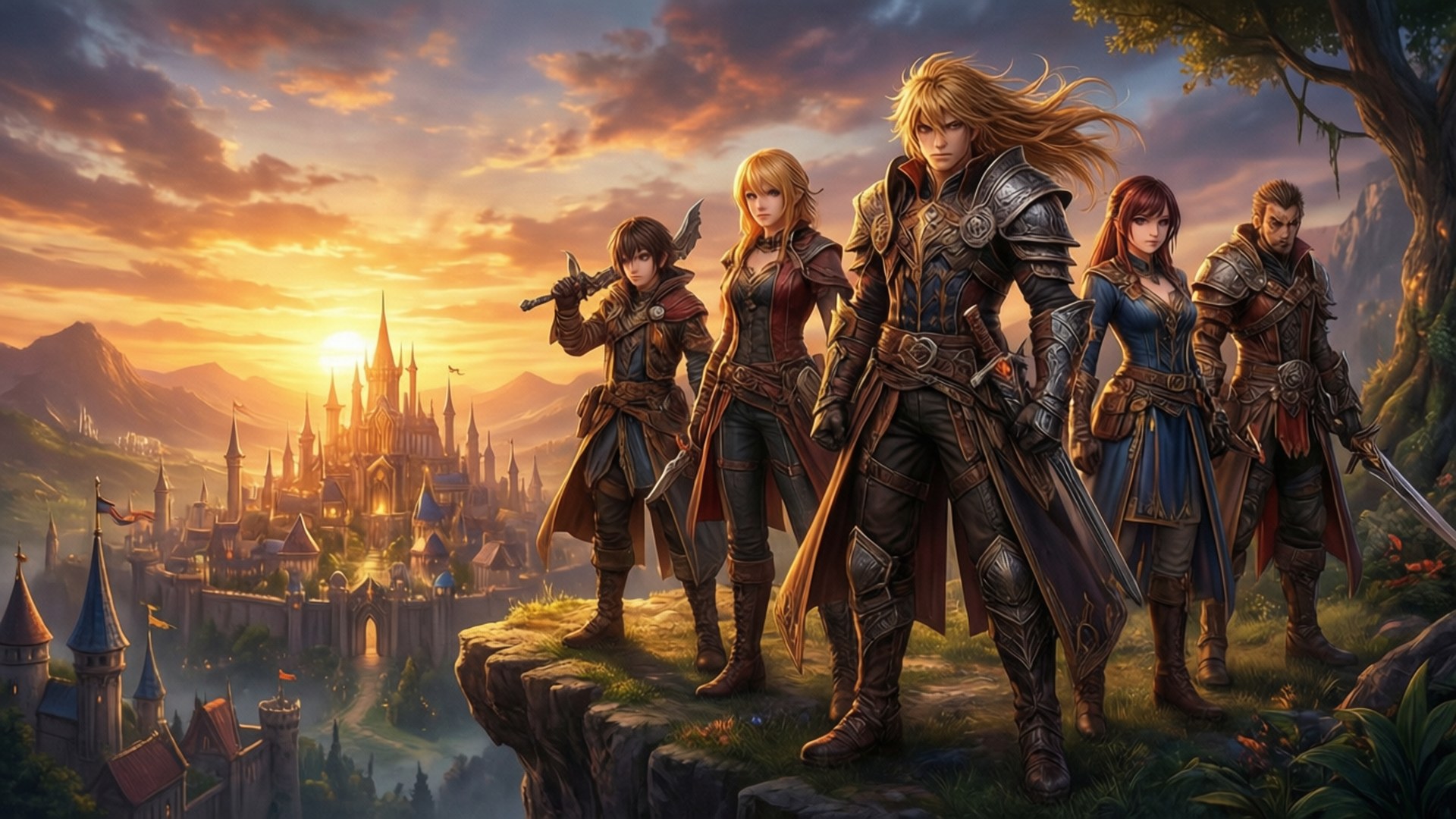 Heroic Dawn of Elrios 壁紙 — 五位身穿盔甲的冒險者站在懸崖頂上，俯瞰著日落時分閃閃發光的奇幻城堡。