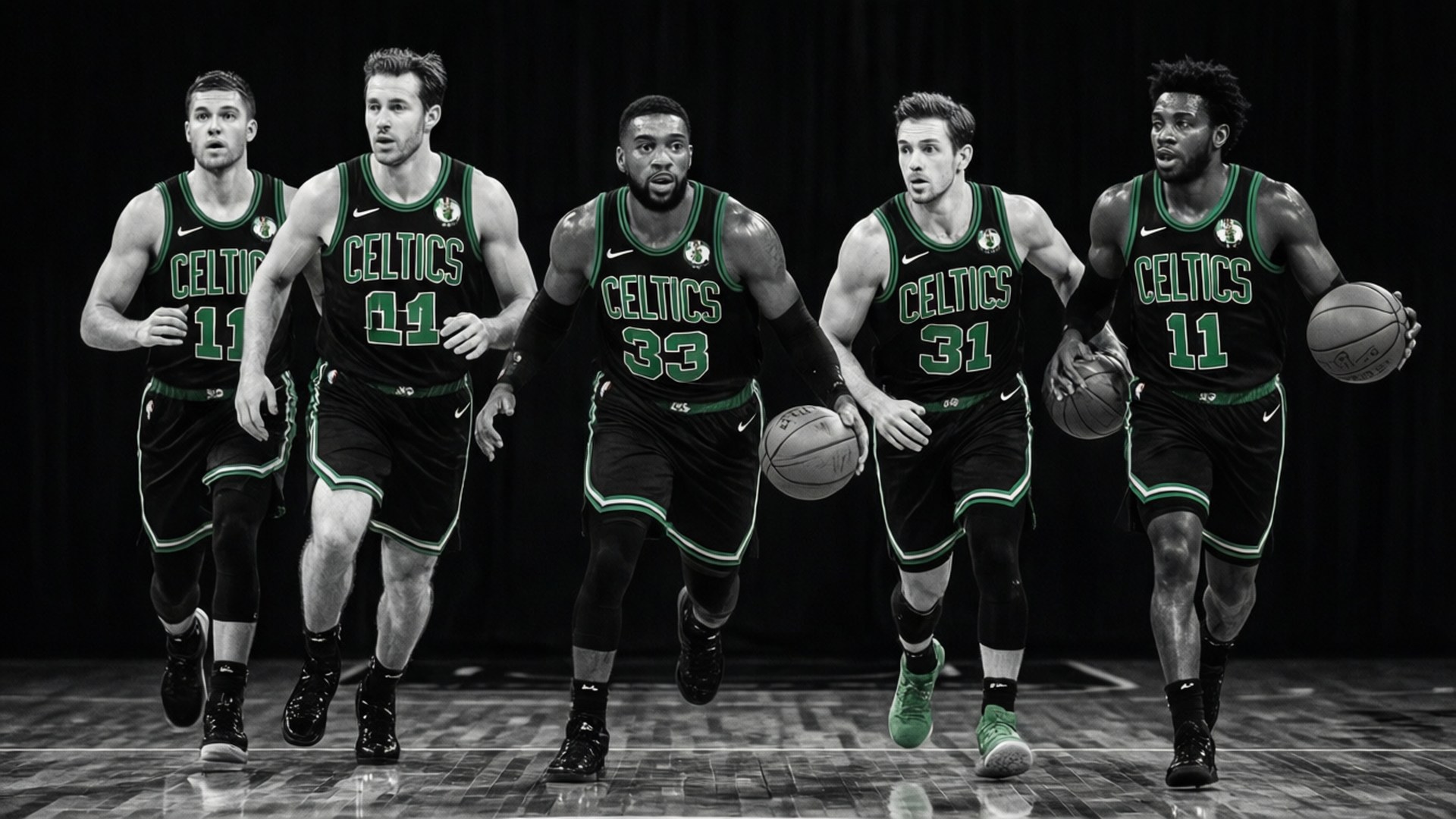 Starting Five in Action 壁紙 — 五名身穿綠色和黑色球衣的波士頓塞爾提克籃球運動員在光滑的球場上向前衝刺，籃球在運動中。
