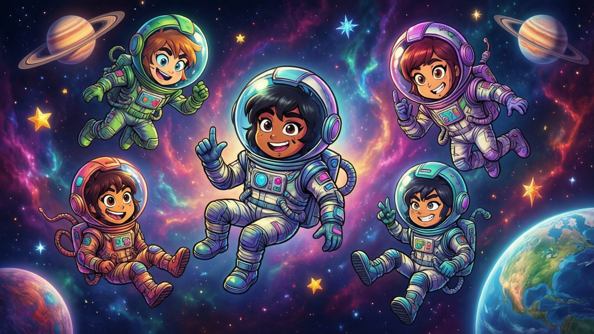 Eddsworld in Space 壁紙 — 五個快樂的卡通太空人在色彩繽紛的星雲、行星和星星之間漂浮，構成充滿活力的宇宙場景。