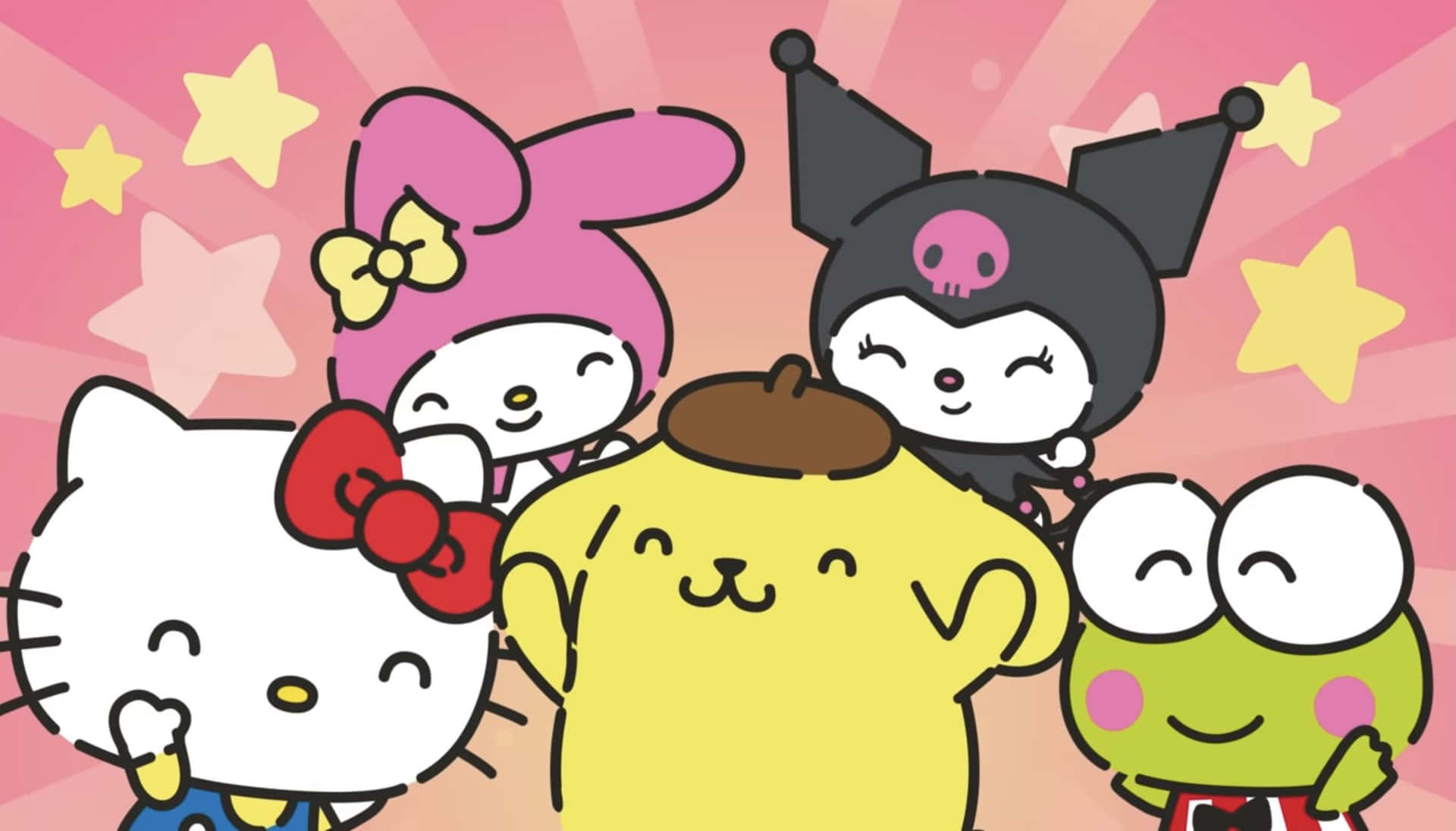 五個Sanrio角色在粉紅色背景上微笑，帶有星星。 — Hello Kitty 壁紙