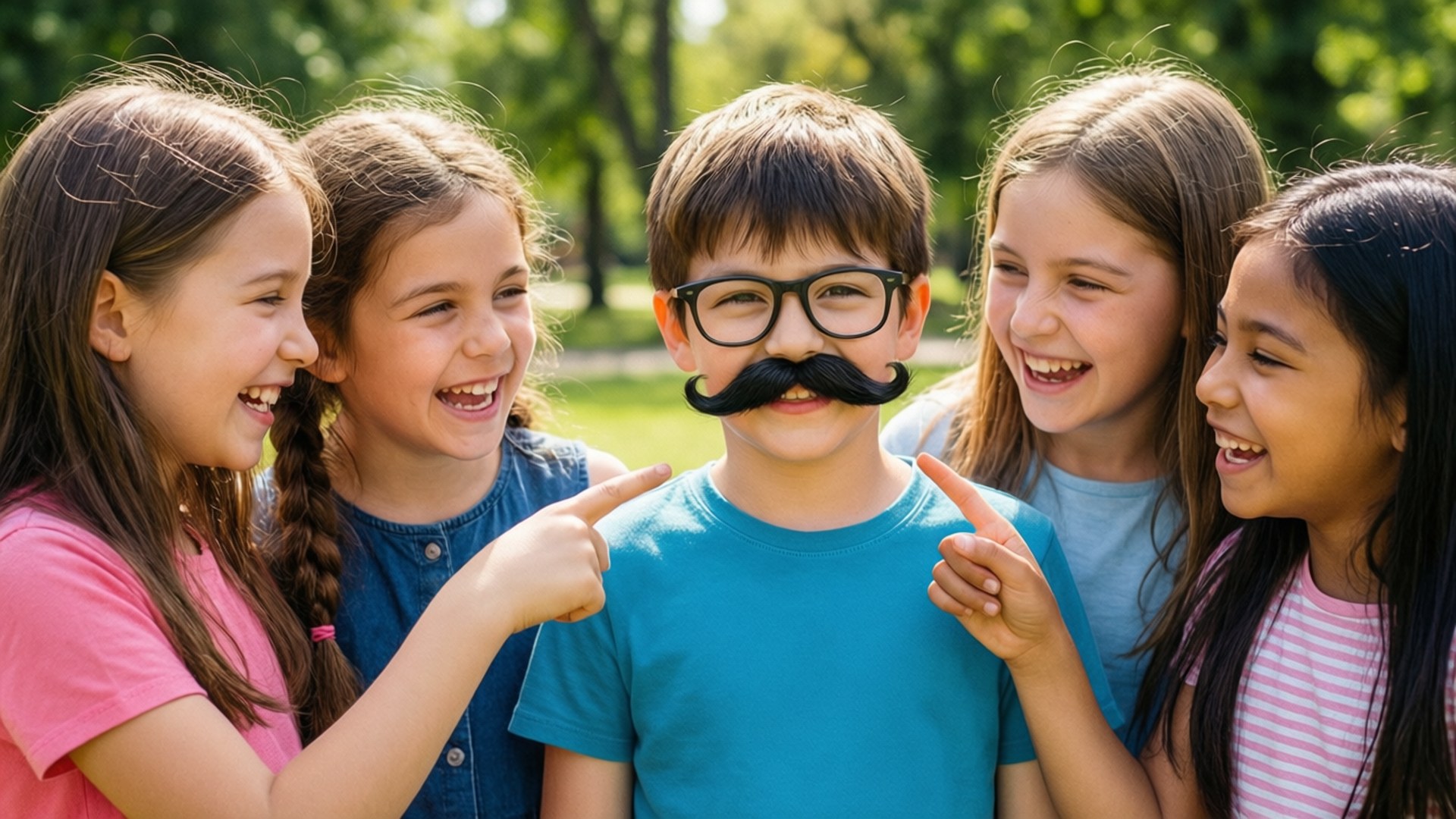 Fake Mustache Laugh 壁紙 — 五個孩子在陽光明媚的公園裡笑著指著一個戴眼鏡和假鬍子的男孩。