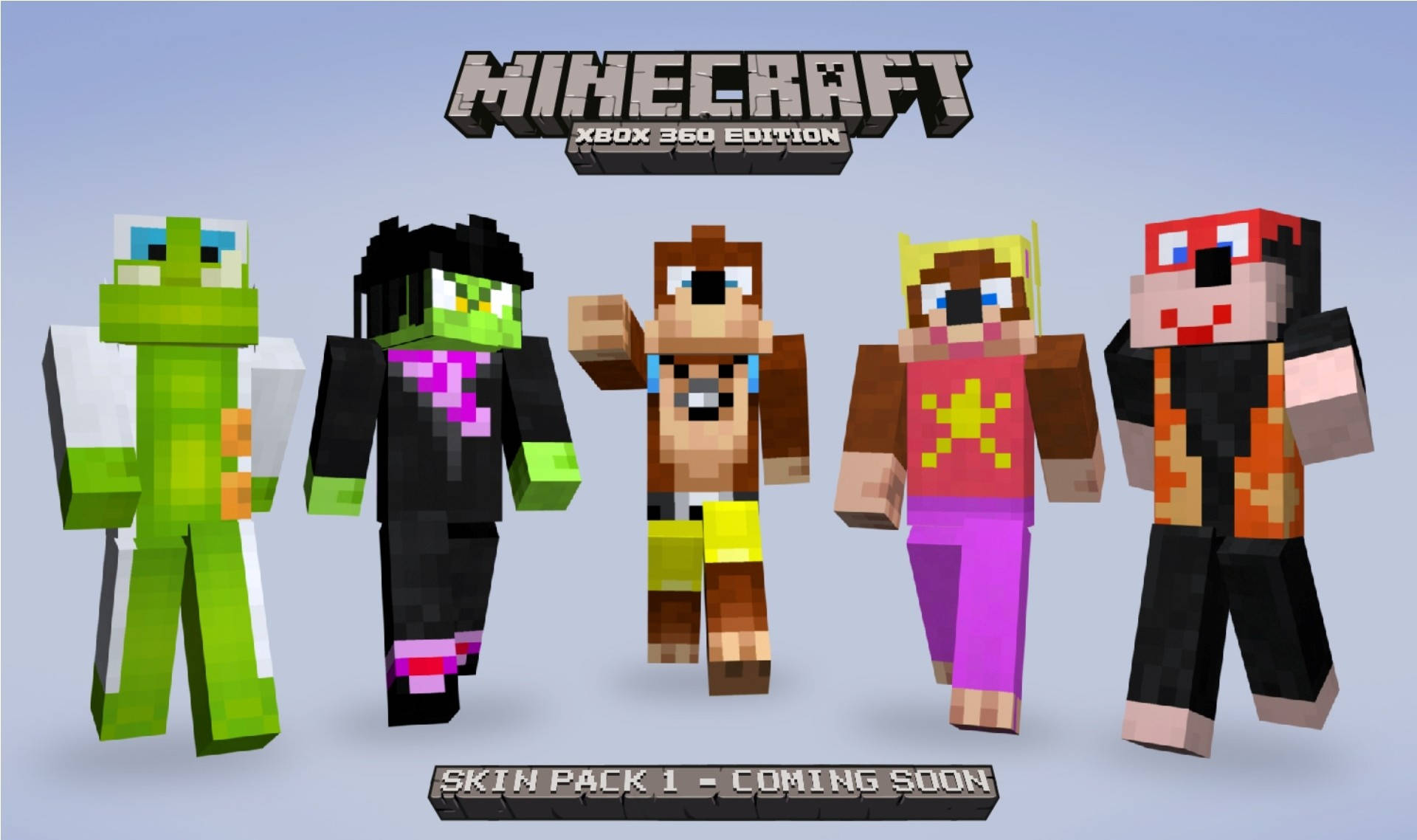 五個穿著色彩繽紛皮膚的Minecraft角色排成一排。