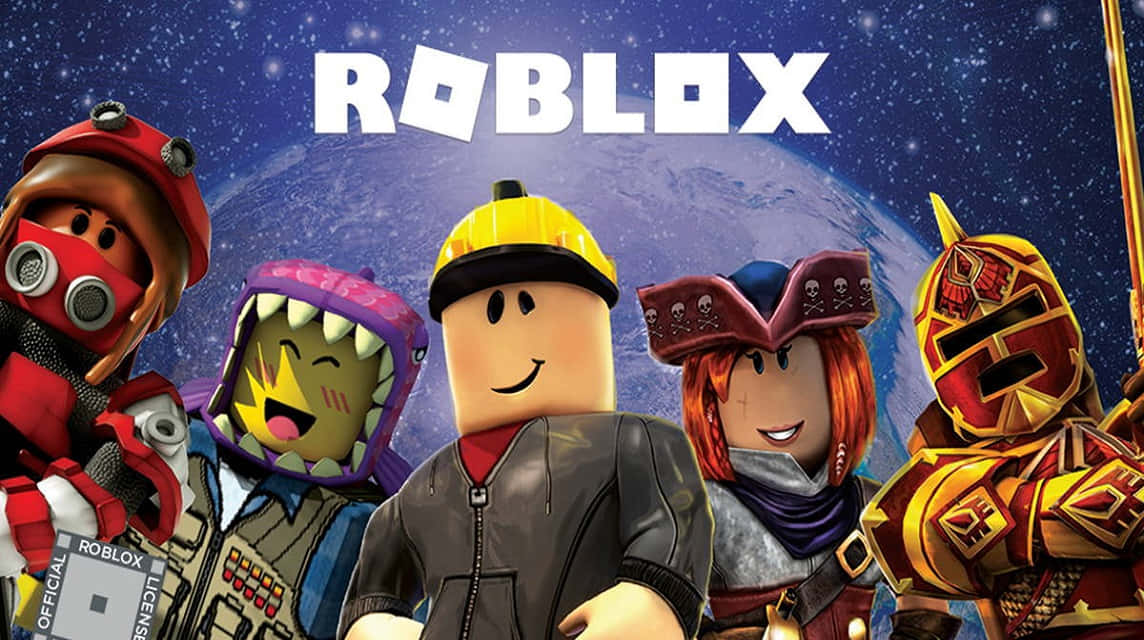 五個 Roblox 角色穿著獨特服裝，在星空太空背景前擺姿勢。 — Roblox 壁紙
