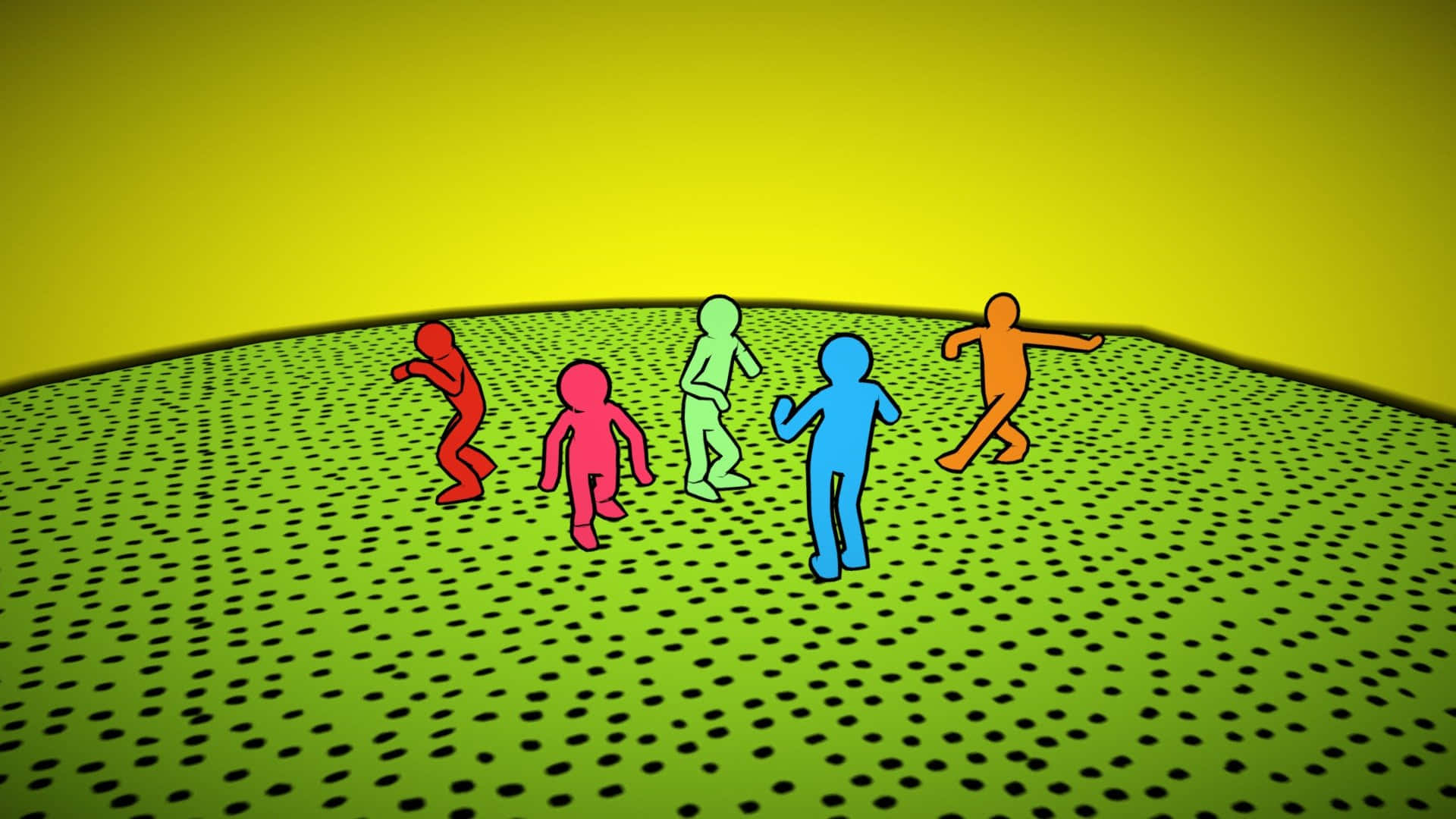  壁紙 — 五個色彩繽紛的火柴人在點點綠丘上快樂跳舞，背景是明亮的黃色天空。