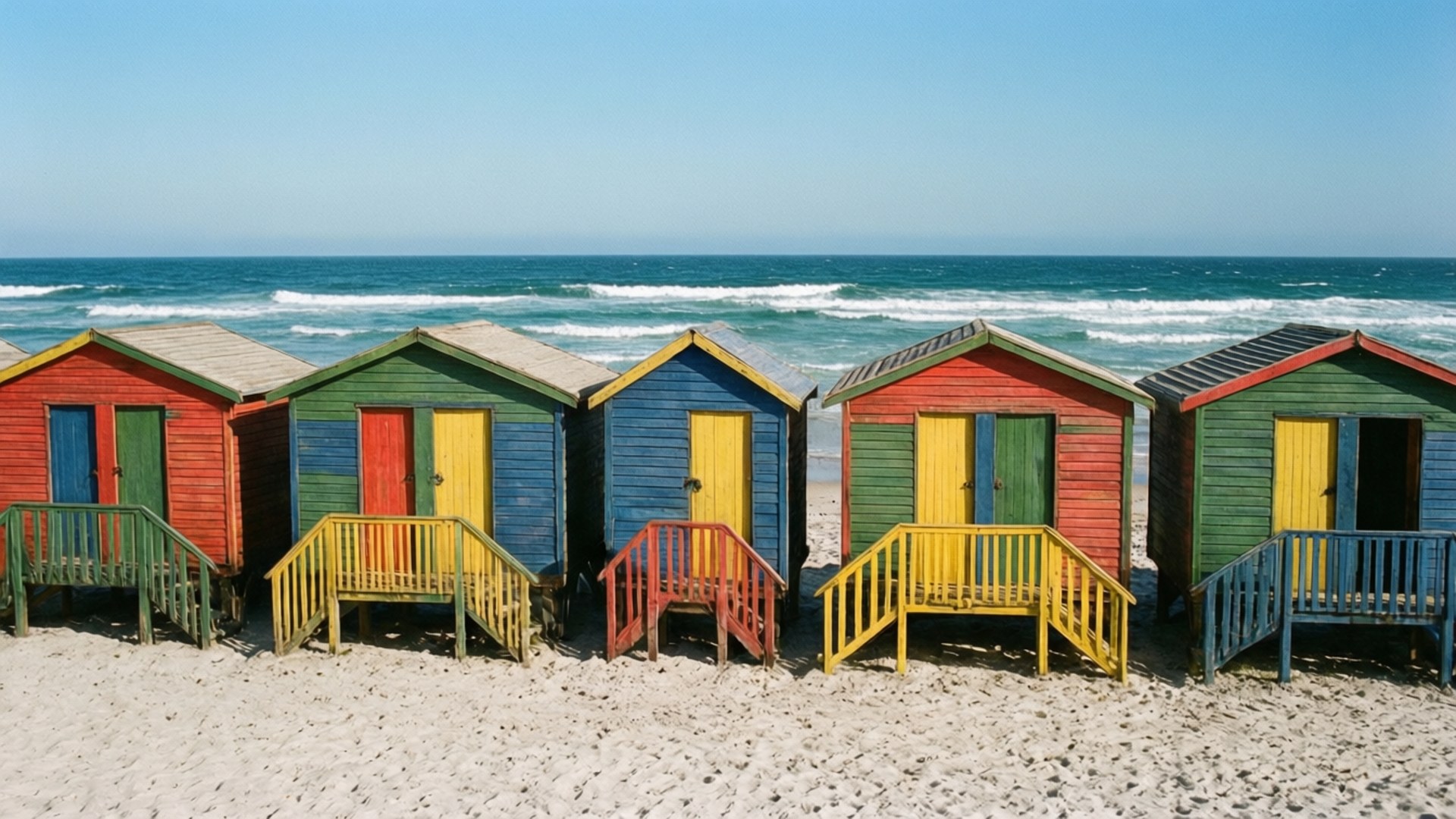 Muizenberg Beach Huts 壁紙 — 五間色彩鮮豔的木製沙灘小屋，配有彩色門和欄杆，排列在沙灘上，面向海洋，天空清澈湛藍。