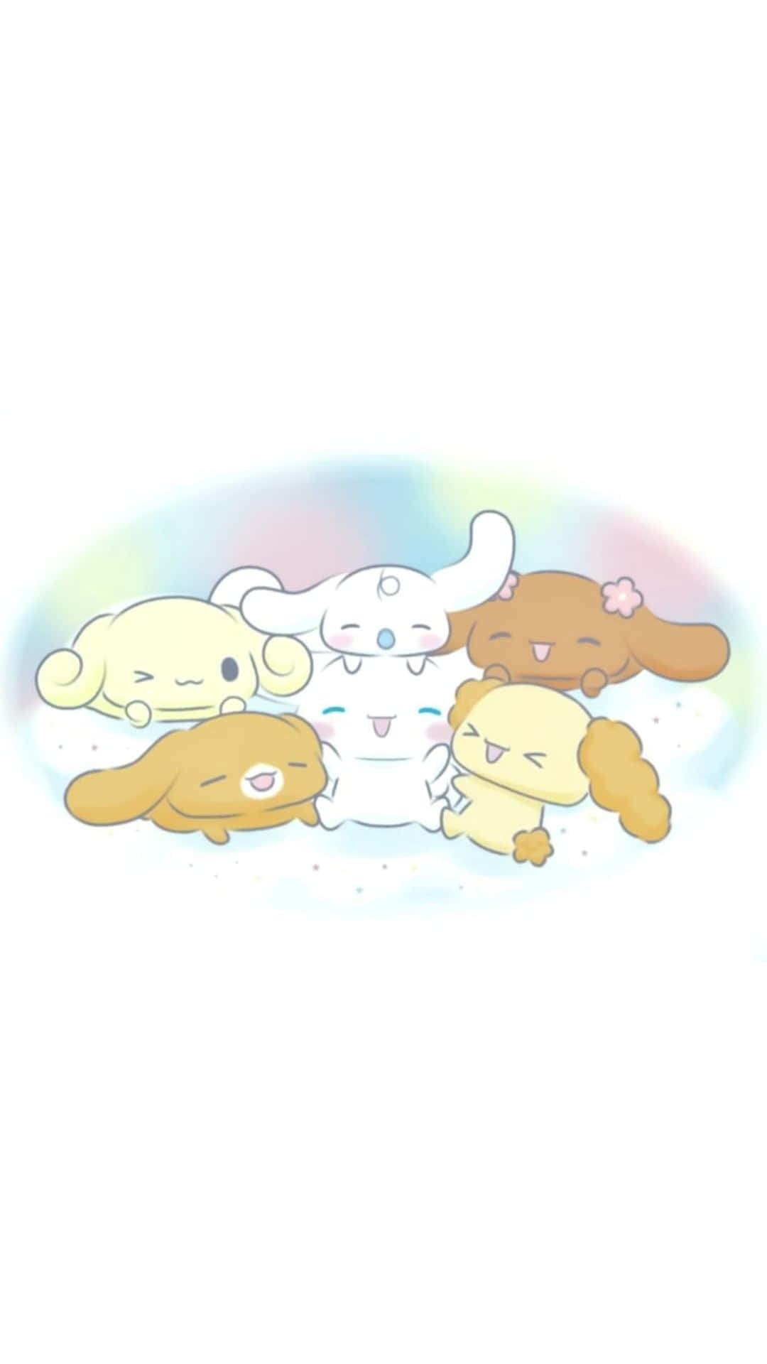  壁紙 — 五個可愛的Cinnamoroll角色在白色背景上，於柔和的粉彩彩虹光環中擠在一起。
