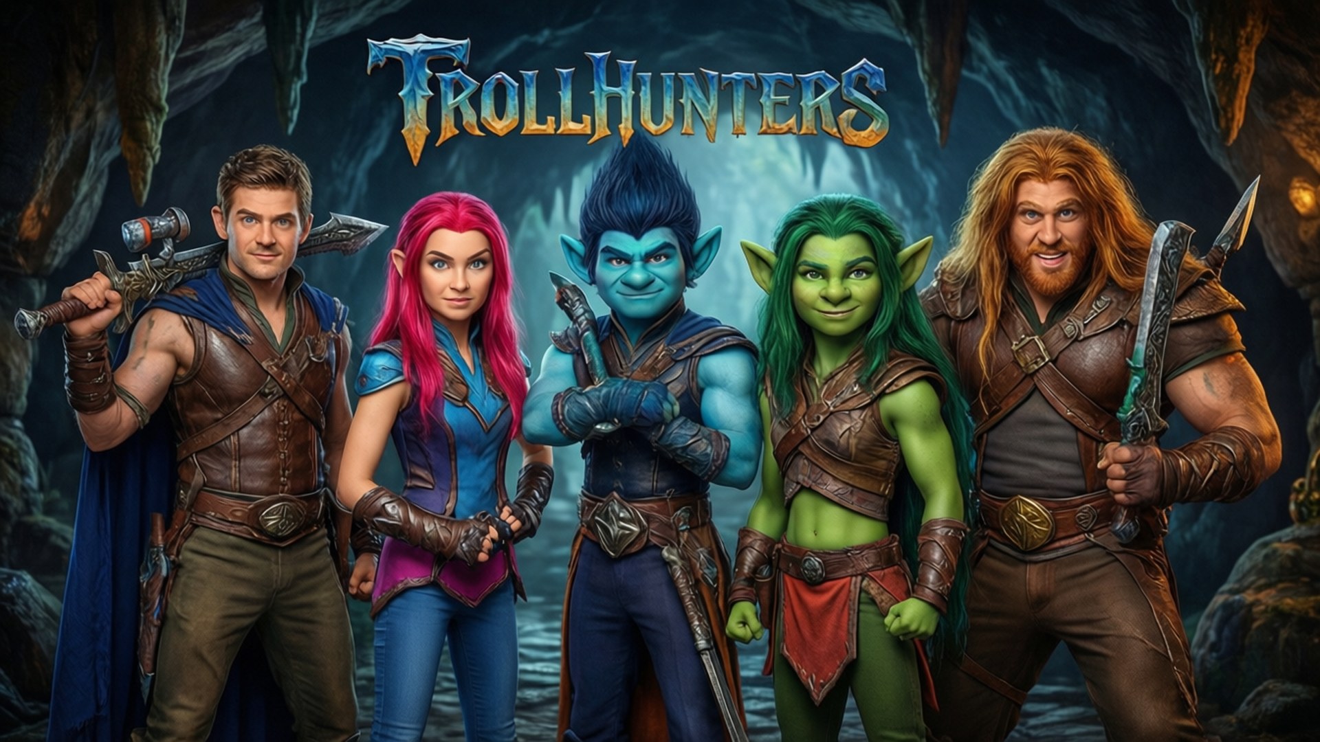 Heroes Assembly 壁紙 — 五位奇幻冒險者，包括巨魔和人類，在一個黑暗的洞穴中準備就緒，上方有發光的標題。