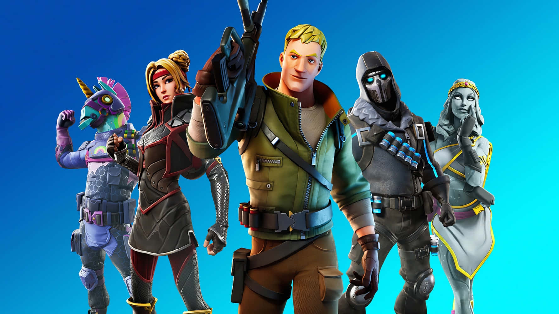 五個《要塞英雄》遊戲角色身穿戰鬥裝備，手持武器擺姿勢。 — Fortnite 壁紙