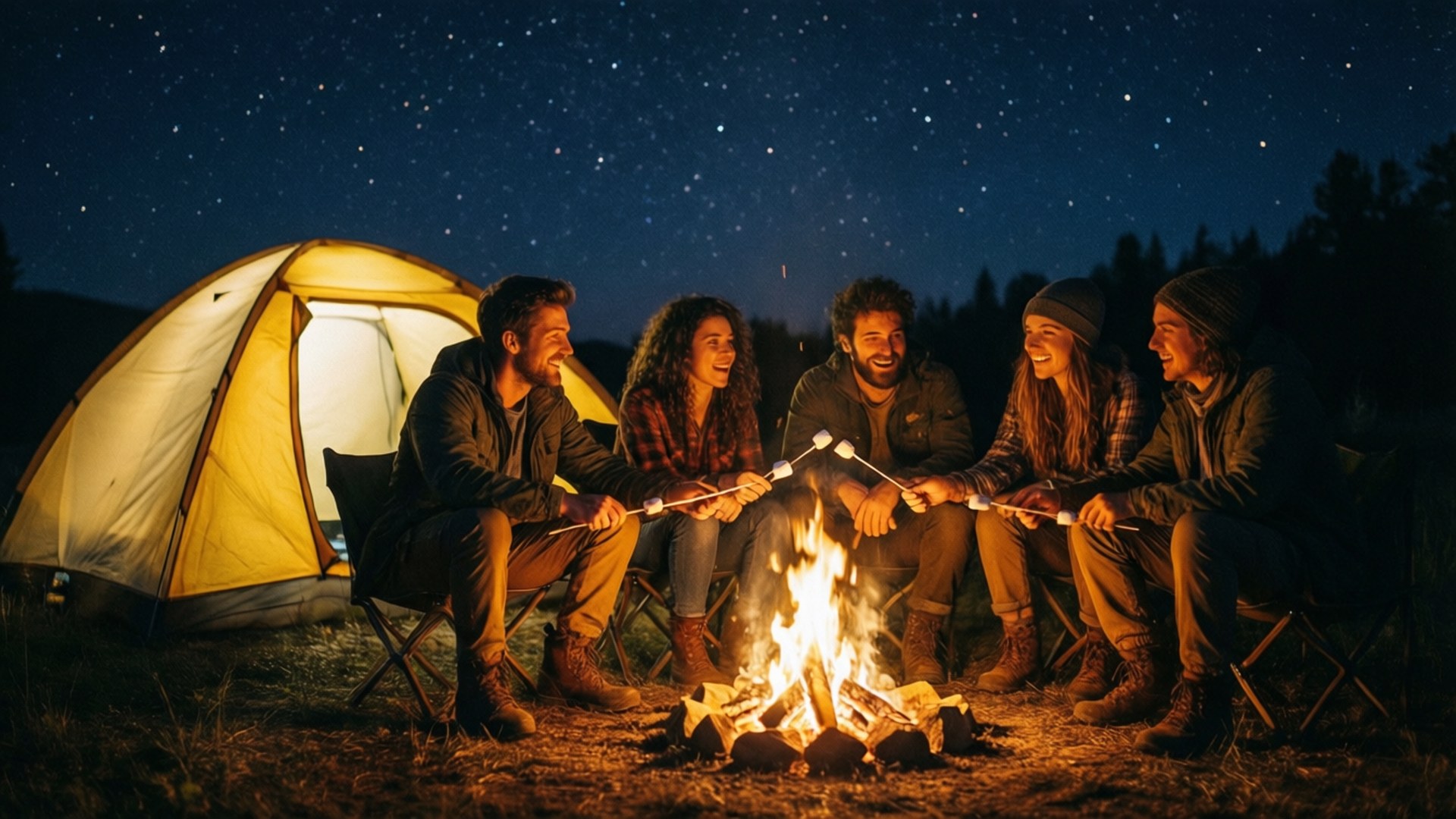 Campfire Stories 壁紙 — 五個朋友在營火旁大笑，烤棉花糖，星空下附近有一個發光的帳篷。
