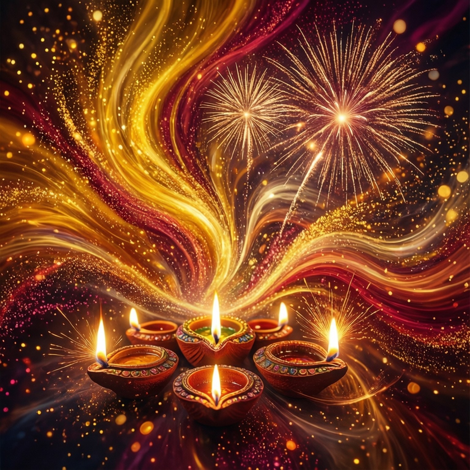 Abstract Diwali Swirl 壁紙 — 五盞發光的迪亞燈在金色、紅色和紫色的煙火及閃爍粒子的漩渦宇宙背景下散發出溫暖的光芒。