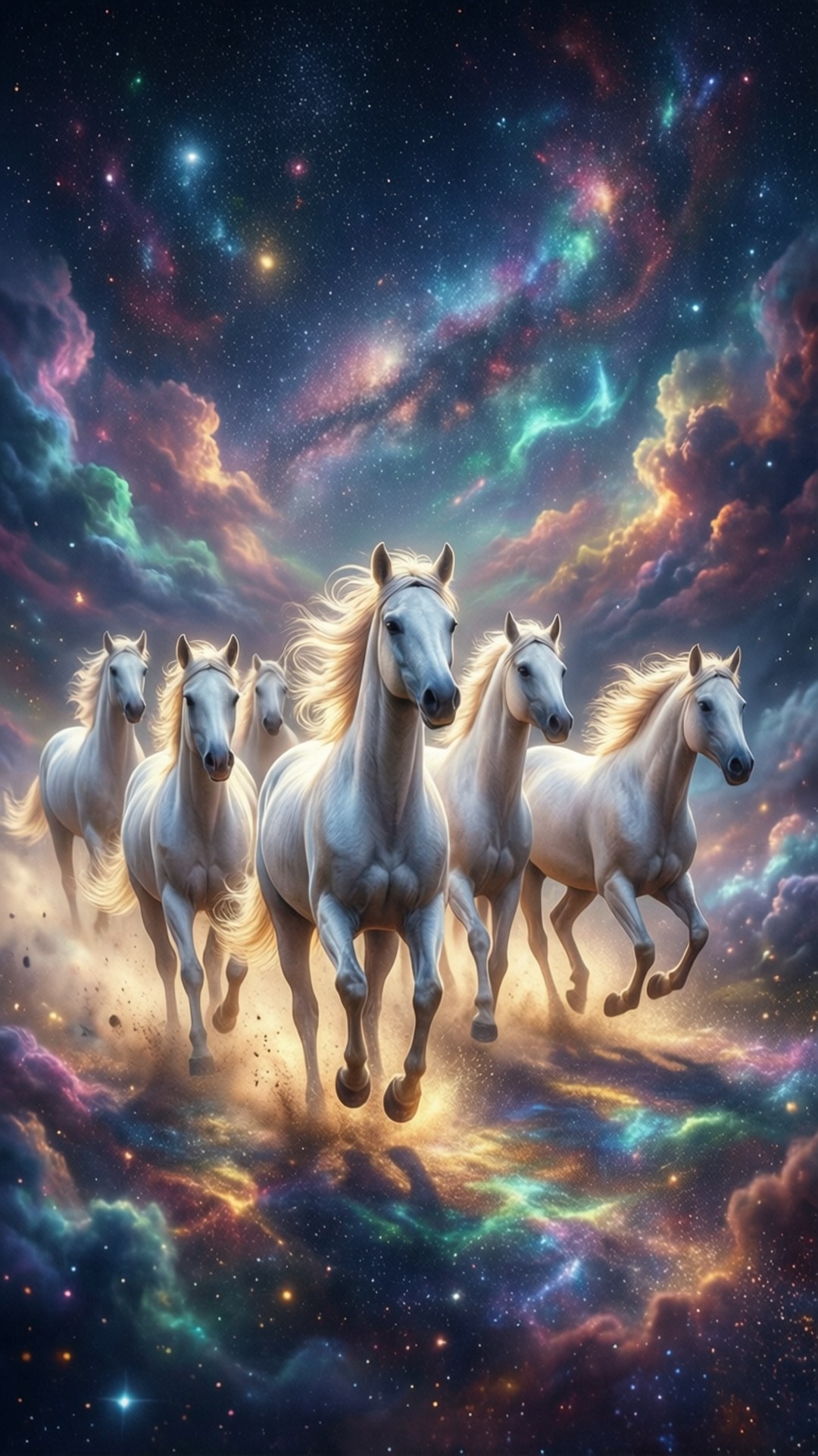 Running Seven Horses 桌布 壁紙 — 五匹雄偉的白馬奔騰穿過充滿旋轉恆星和彩色雲朵的充滿活力的宇宙星雲。