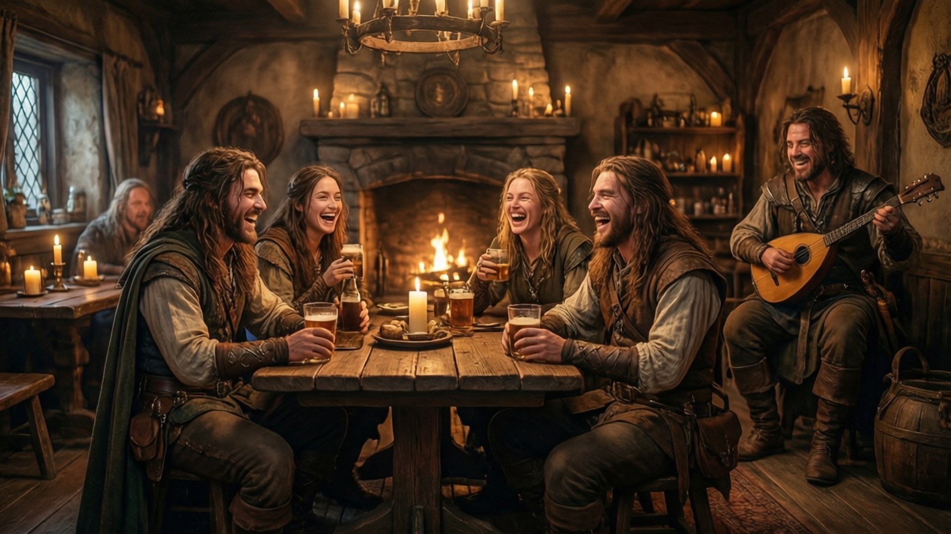 The Weary Adventurer Tavern 壁紙 — 五位中世紀冒險家在鄉村酒館的燭光木桌旁開懷大笑，而一位音樂家正在彈奏魯特琴。