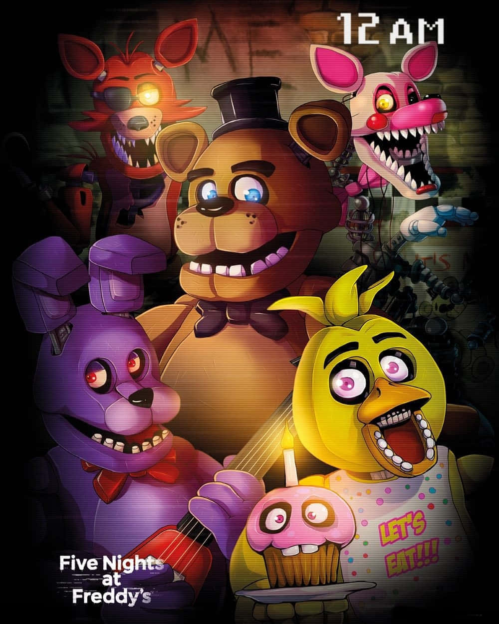  壁紙 — 五個來自《Five Nights at Freddy's》的威脅性電子動畫角色在黑暗詭異的環境中，在凌晨12點的標誌下露出威脅性的笑容。